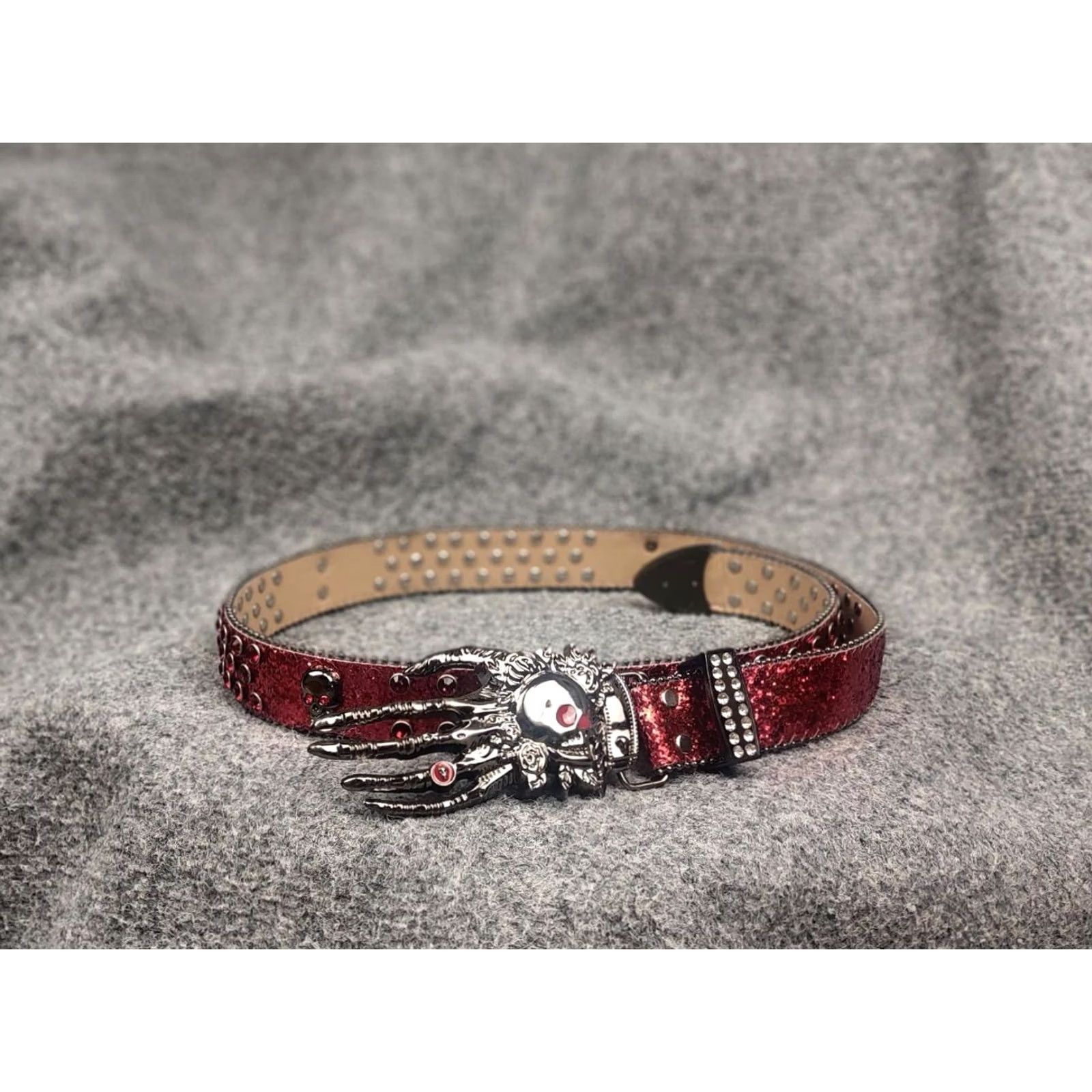 Vintage VINTAGE Punk Rock Western Belt Mens One Size Red Glitter Skull Hand Buckle Studded Leatherette Faux Leather Opium Y2K Style Size ONE SIZE - 2 Thumbnail