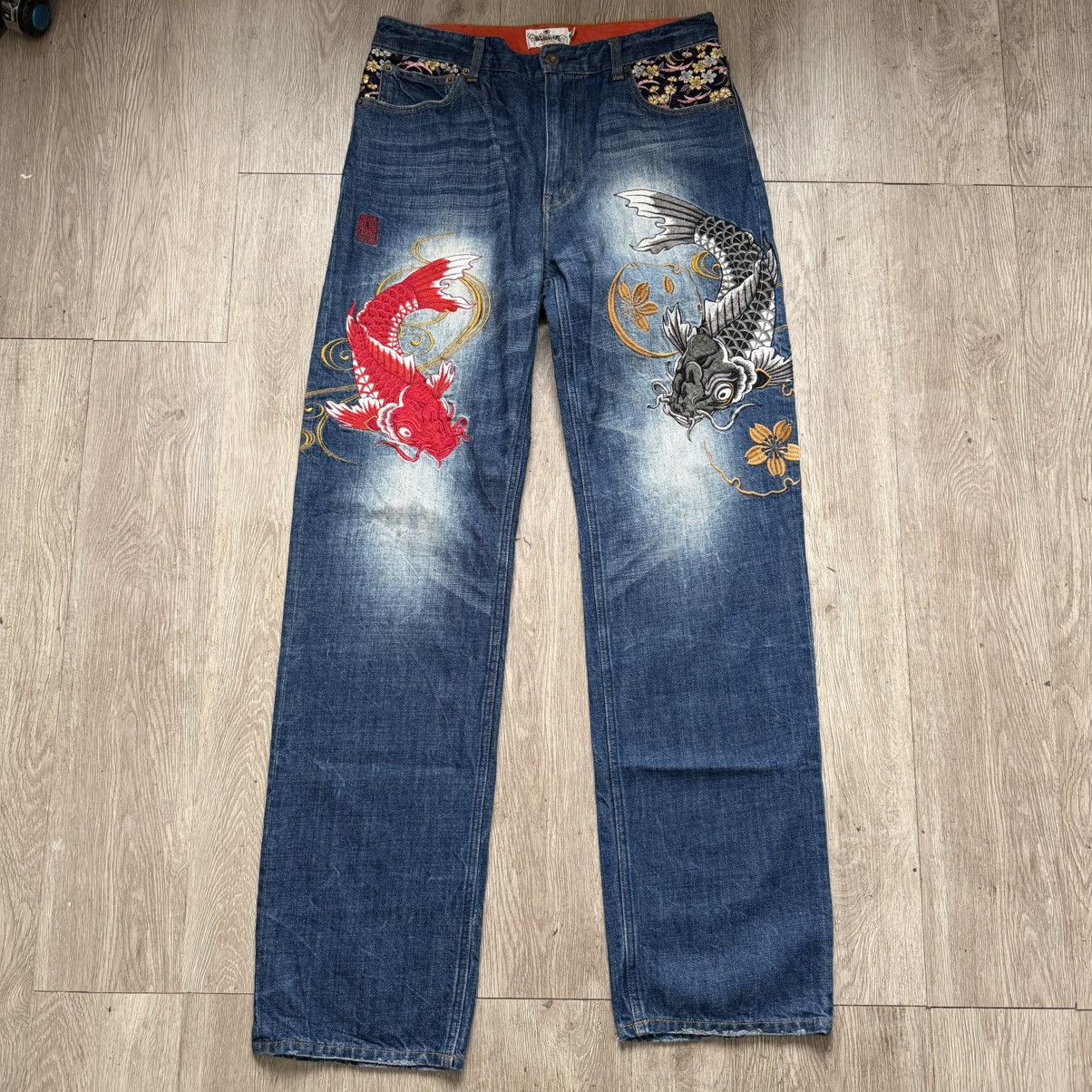 Karakuri Tamashii Karakuri Tamashii Koi Fish Denim Jeans 2000’s Japan Size US 33 - 1 Thumbnail