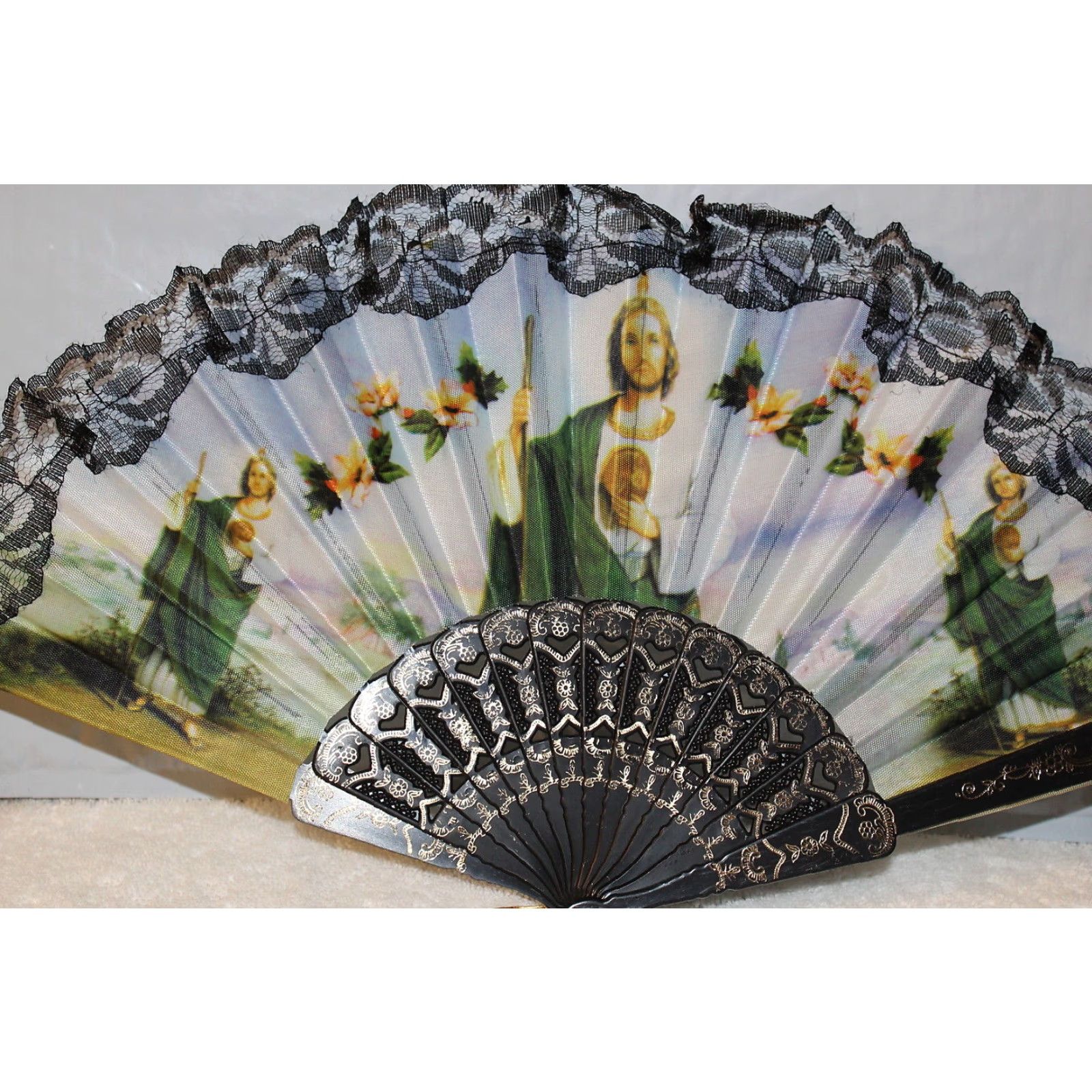Vintage VINTAGE Hand Fan San Judas Tadeo Saint Jude Flowers Small Adult 16-inch Size ONE SIZE - 2 Thumbnail