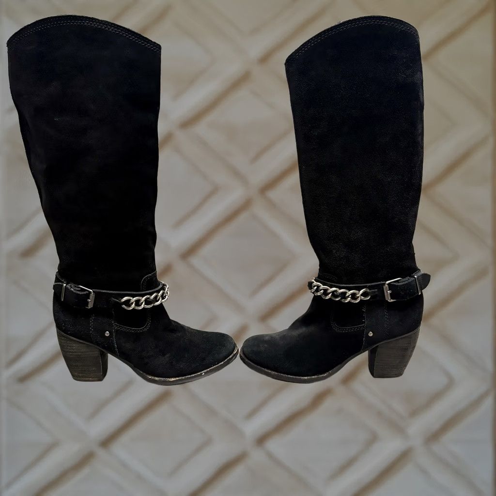 BCBGeneration BCBGeneration Riding Boots Suede Chain Harness Stacked Heel 7.5M Black Size US 8 / IT 38 - 1 Thumbnail