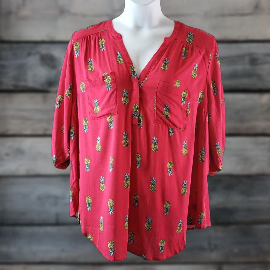 Torrid Torrid Harper Popover Top Blouse Women Pink 3/4 Sleeve Size 2X Plus Pantone Pineapples Night? Size XXL / US 16-18 / IT 52-54 - 1 Thumbnail