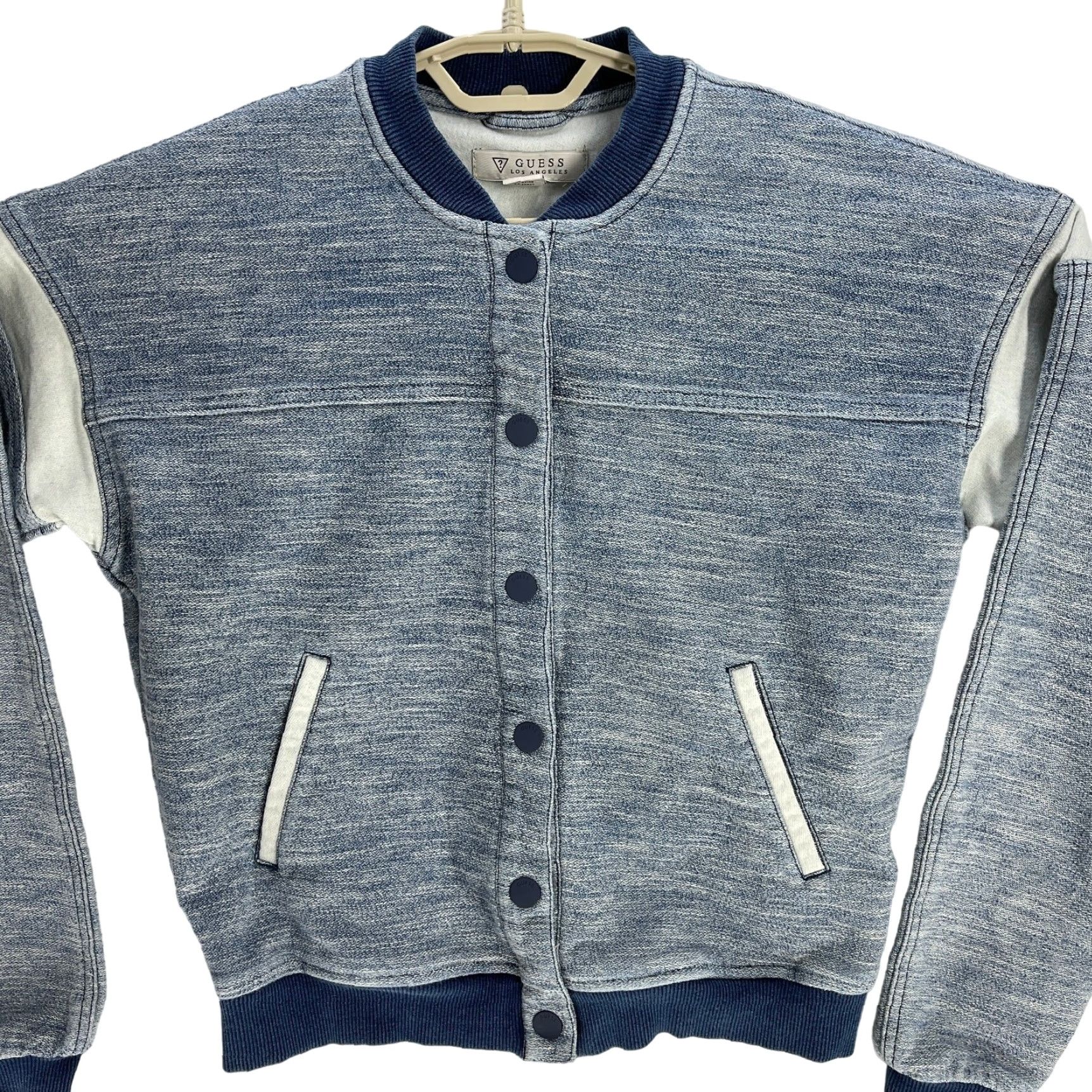 Guess VINTAGE GUESS Varsity Jacket Women S Blue Button Up Cotton Blend Retro 90s Y2K Streetwear Jacket Womens Fadeout style? Size S / US 4 / IT 40 - 2 Thumbnail
