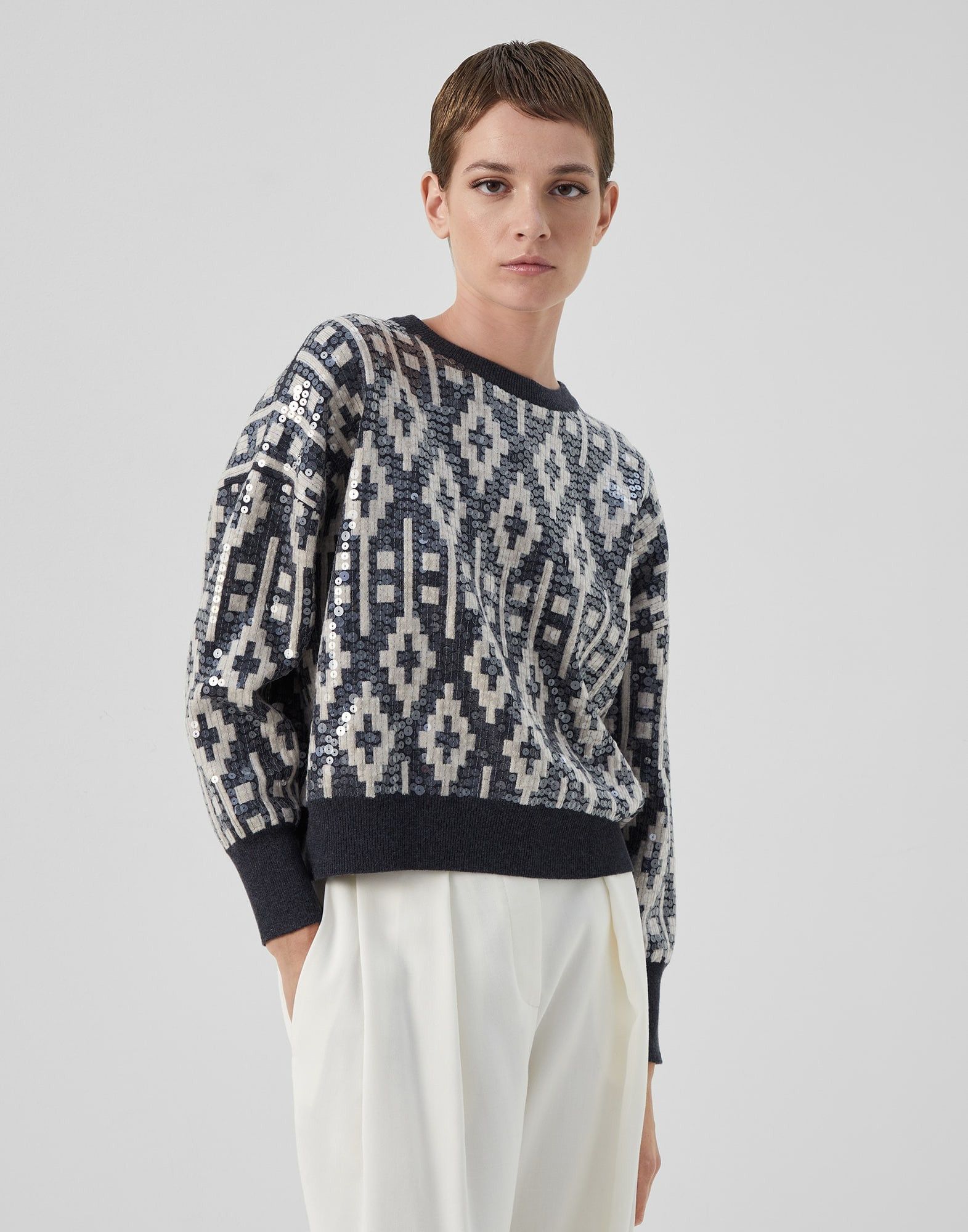 Brunello Cucinelli o1y0825 Crewneck Sweater in Black/Ivory Size M / US 6-8 / IT 42-44 - 1 Thumbnail