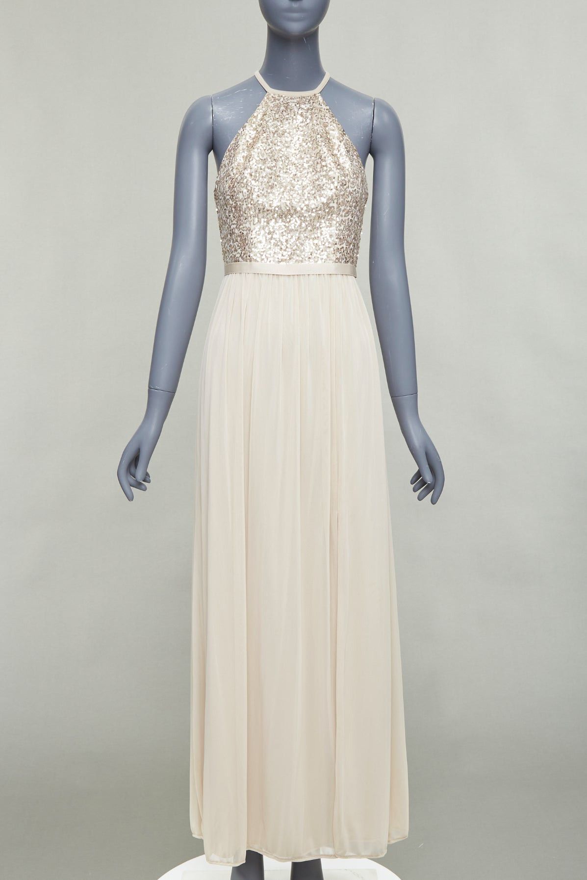 Other DAVID'S BRIDAL champagne sequin bodice halter ruched goddess dress US0 XS Size XS / US 0-2 / IT 36-38 - 1 Thumbnail
