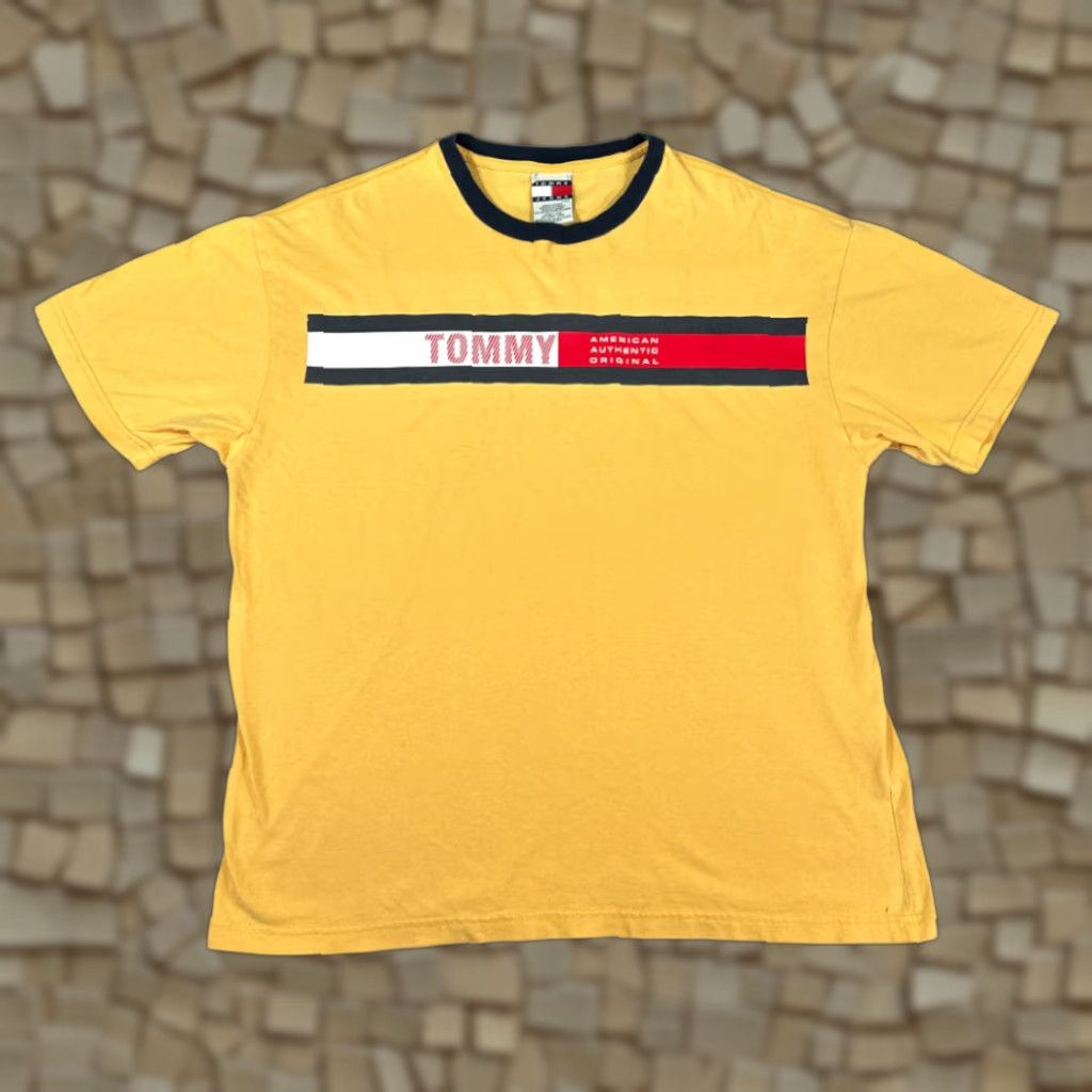 Tommy Hilfiger VINTAGE Tommy Hilfiger Shirt Adult LARGE Yellow Tommy Jeans Flag Logo Y2K Ringer Size US L / EU 52-54 / 3 - 1 Thumbnail