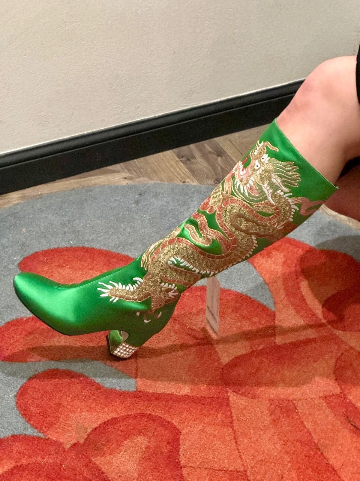 Gucci Runway Lime Green Dragon Boots With Sparkly Bows Size US 7.5 / IT 37.5 - 4 Thumbnail