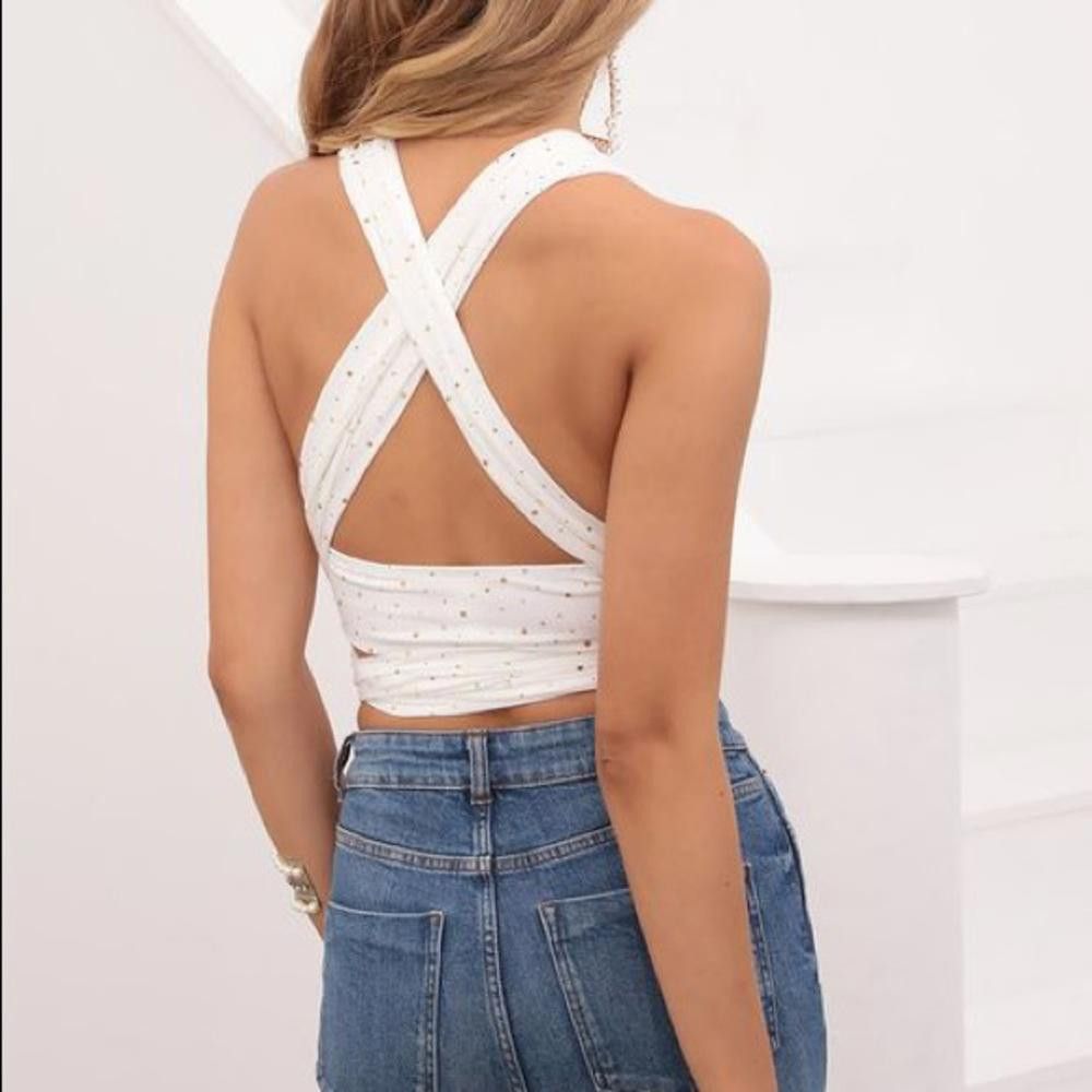 Designer Elegant White Wrap Crop Top with Sparkle Size M / US 6-8 / IT 42-44 - 4 Thumbnail