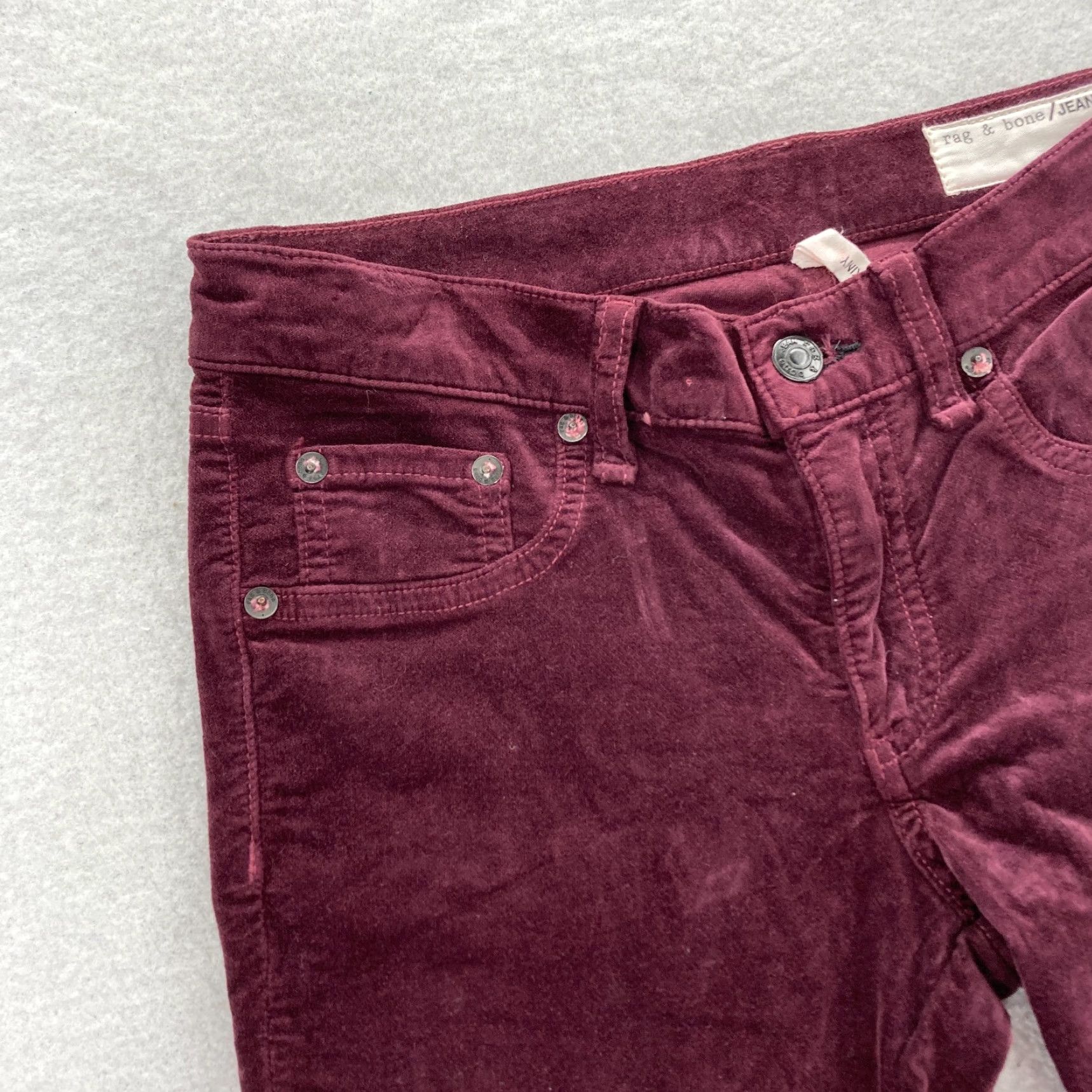 Rag & Bone rag & bone Women's Pants 27 Burgundy Red Velvet Stretch Skinny Leg Flat Front Low Rise Cotton Rayon Spandex Size 27" / US 4 / IT 40 - 3 Thumbnail