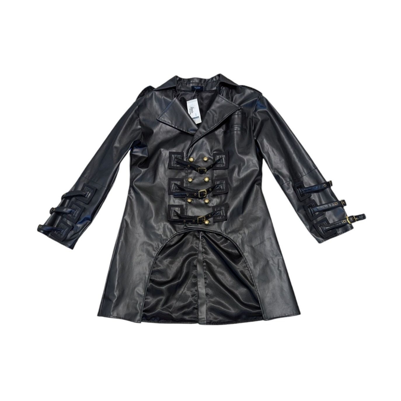 Black Vegan Leather Steampunk Trench Coat Belted Jacket