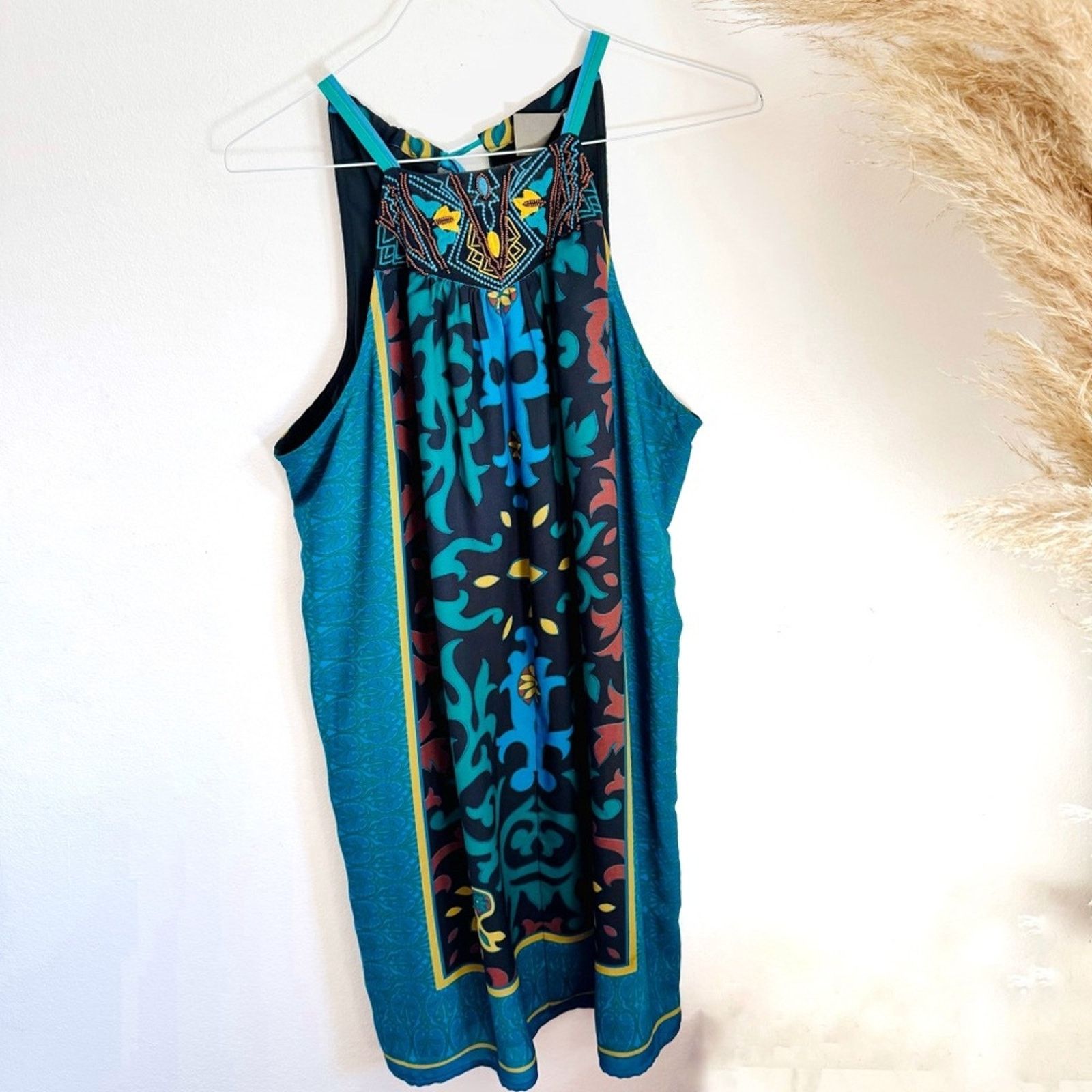 NEW ANTHROPOLOGIE Teal Black Floral Mini $198 Tank Dress XL