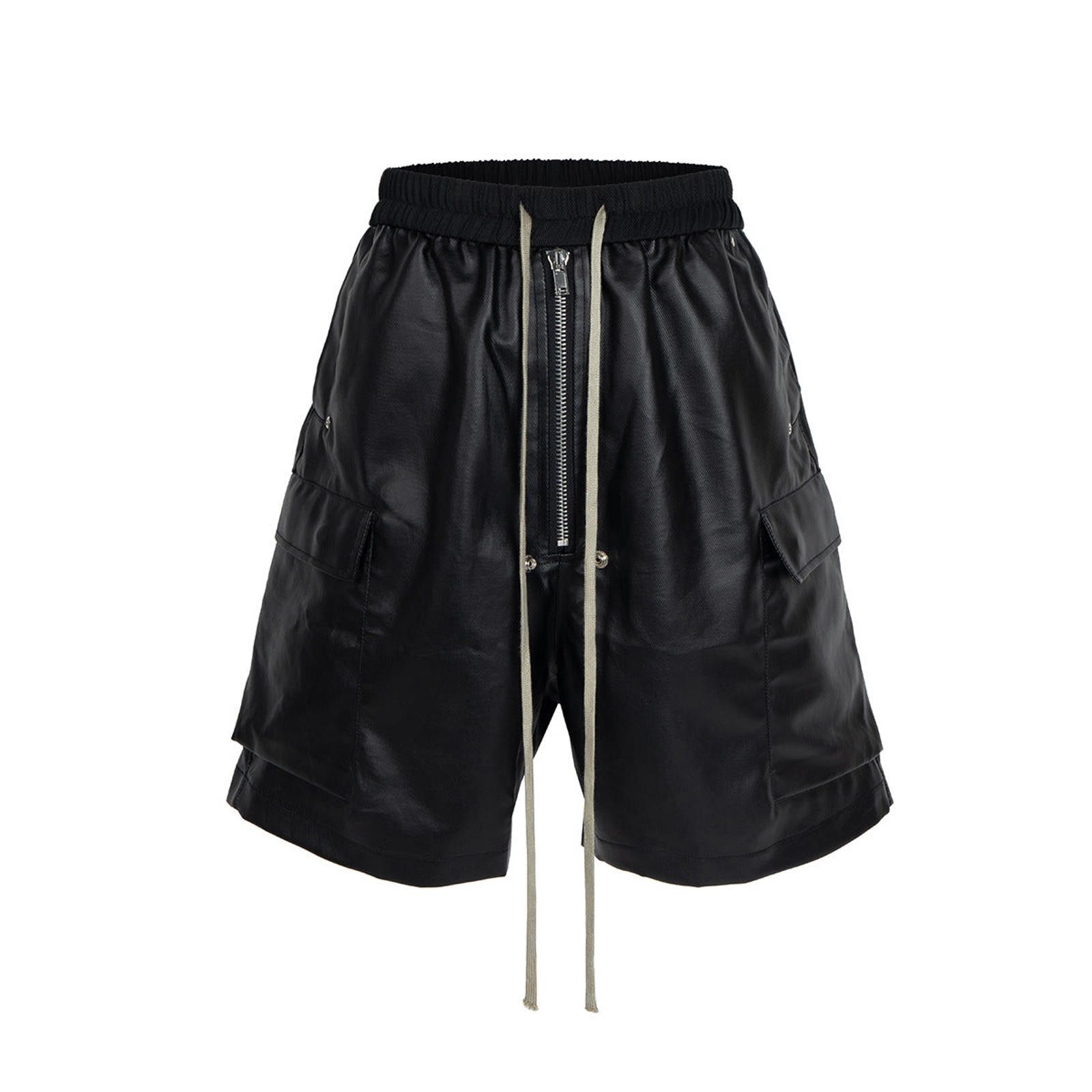 Japanese Brand Black Faux Leather Cargo Shorts with Zipper Detail Size US 32 / EU 48 - 1 Thumbnail