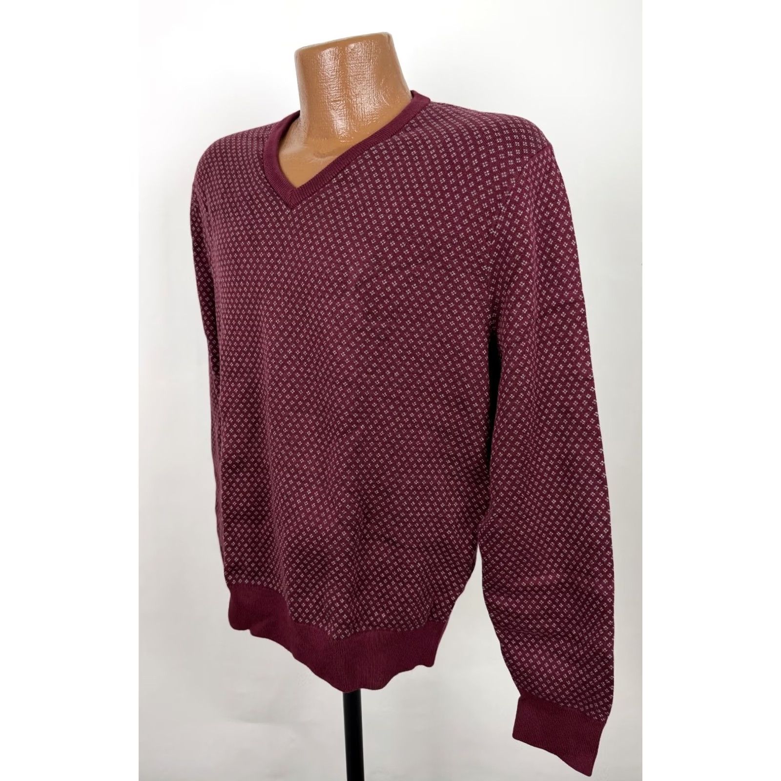 Lands' End Lands' End Mens Large Burgundy V-Neck Supima Cotton Knit Geometric Pullover Sweater Shirt Size US L / EU 52-54 / 3 - 5 Thumbnail