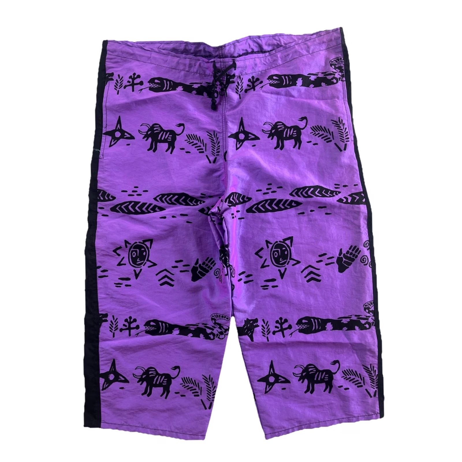 Vintage VINTAGE Surf Fetish Pant Men L Wide-Leg Aztec Animal Snake Tribal Purple Black Nylon Capri Front Flat Drawstring Zip Size US 33 - 2 Thumbnail