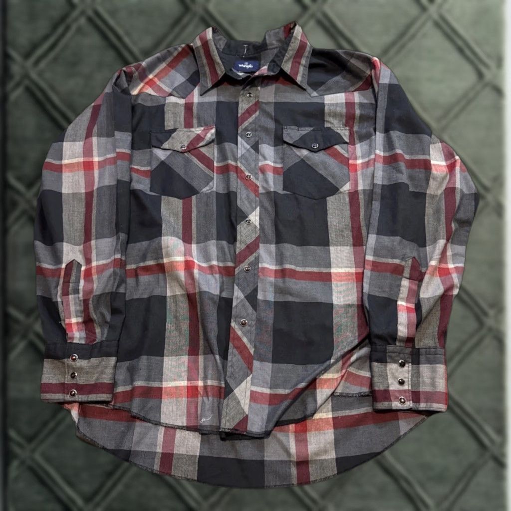 Wrangler VINTAGE Wrangler Black Grey Plaid Pearl Snap Long Sleeve XL Shirt Size US XL / EU 56 / 4 - 1 Thumbnail