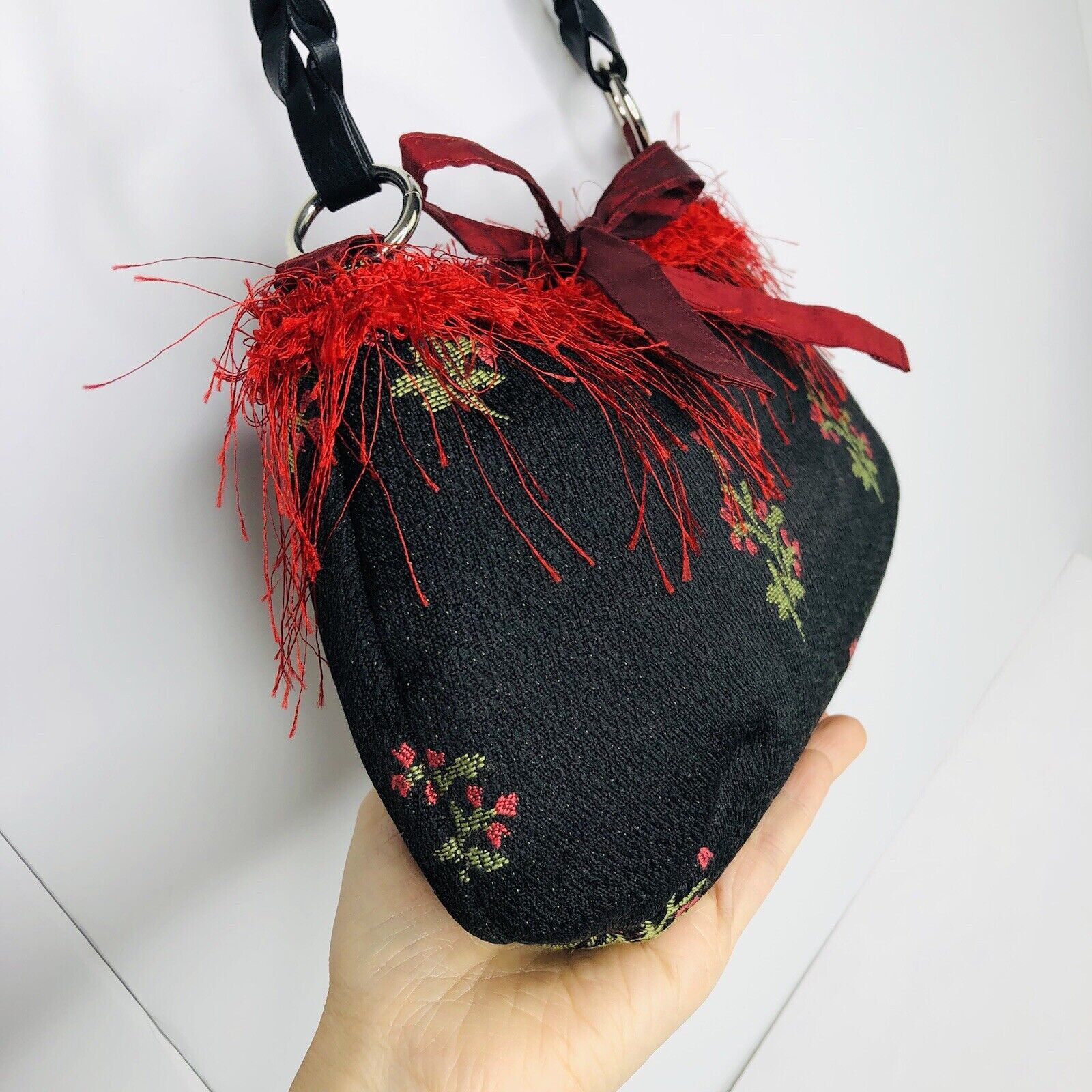 Other Vtg 80s AcScents Tapestry Black Floral Bag Red Fringe Size ONE SIZE - 5 Thumbnail