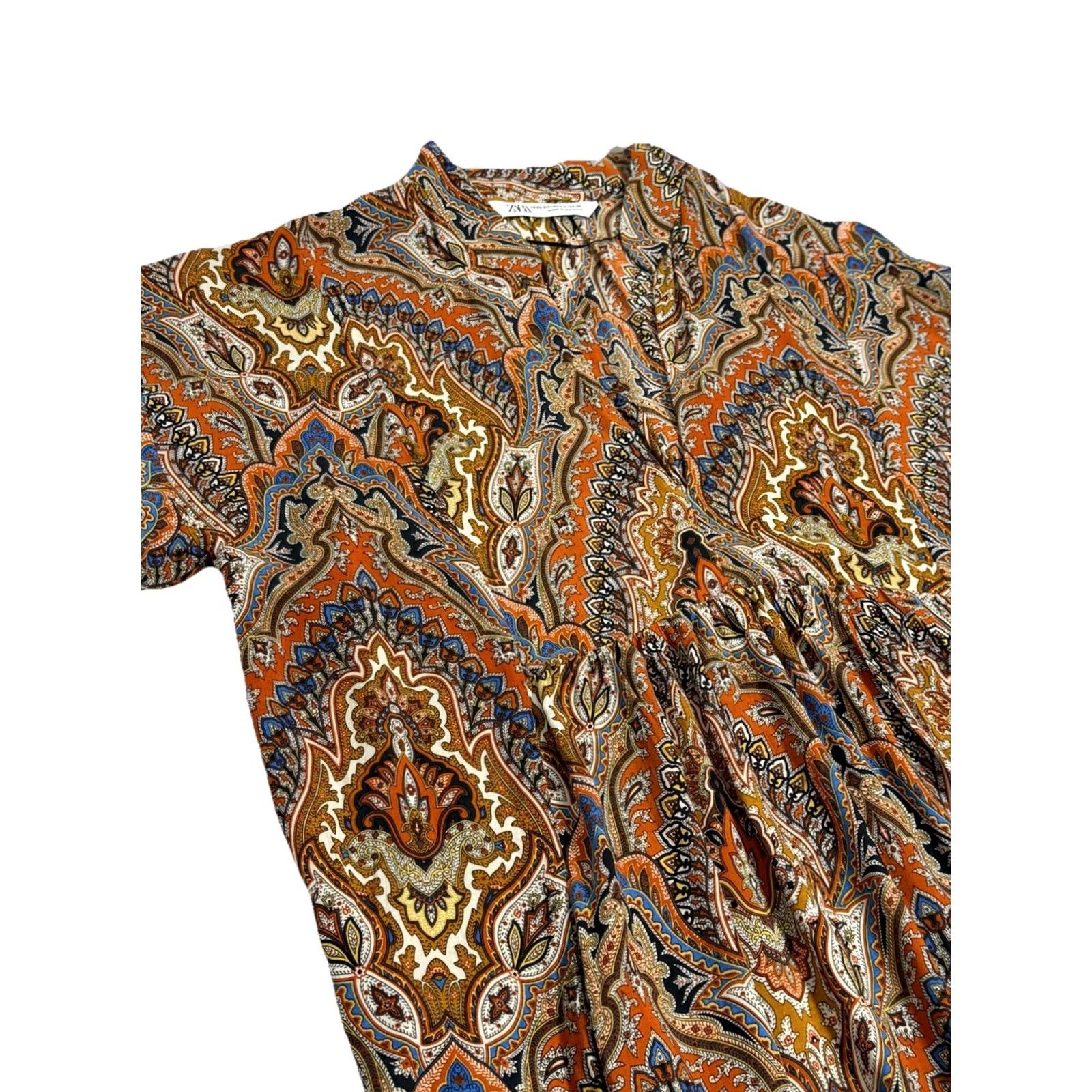 Zara Zara Bohemian Print Paisley Maxi Dress Ocher Side Slit Tunic USA XS-S Women Maxi Dress Brown Paisley Bohemian Shirt Dress Womens Size S / US 4 / IT 40 - 6 Thumbnail