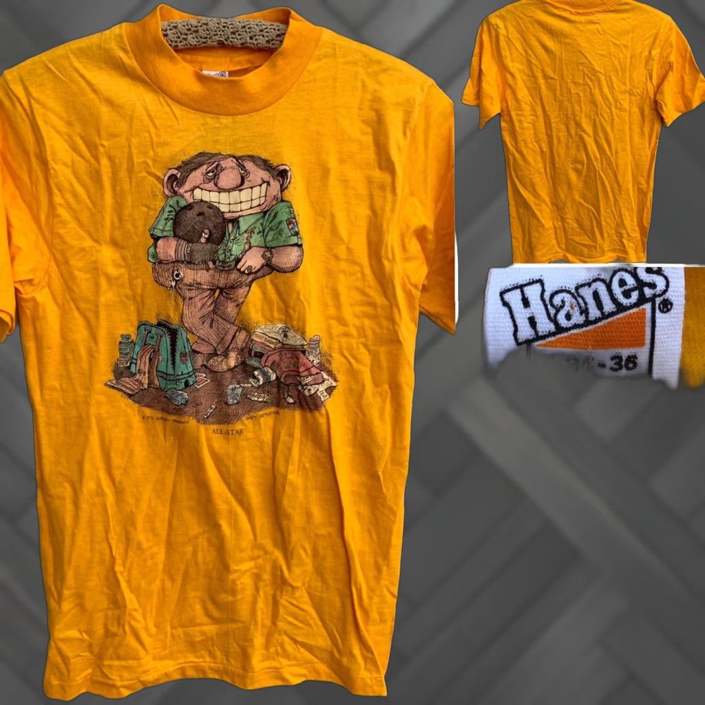 Hanes VINTAGE Hanes T-Shirt 70s 1970s Gary Patterson All Star Bowling Theme Short Sleeve Yellow Mens S Size US S / EU 44-46 / 1 - 1 Thumbnail