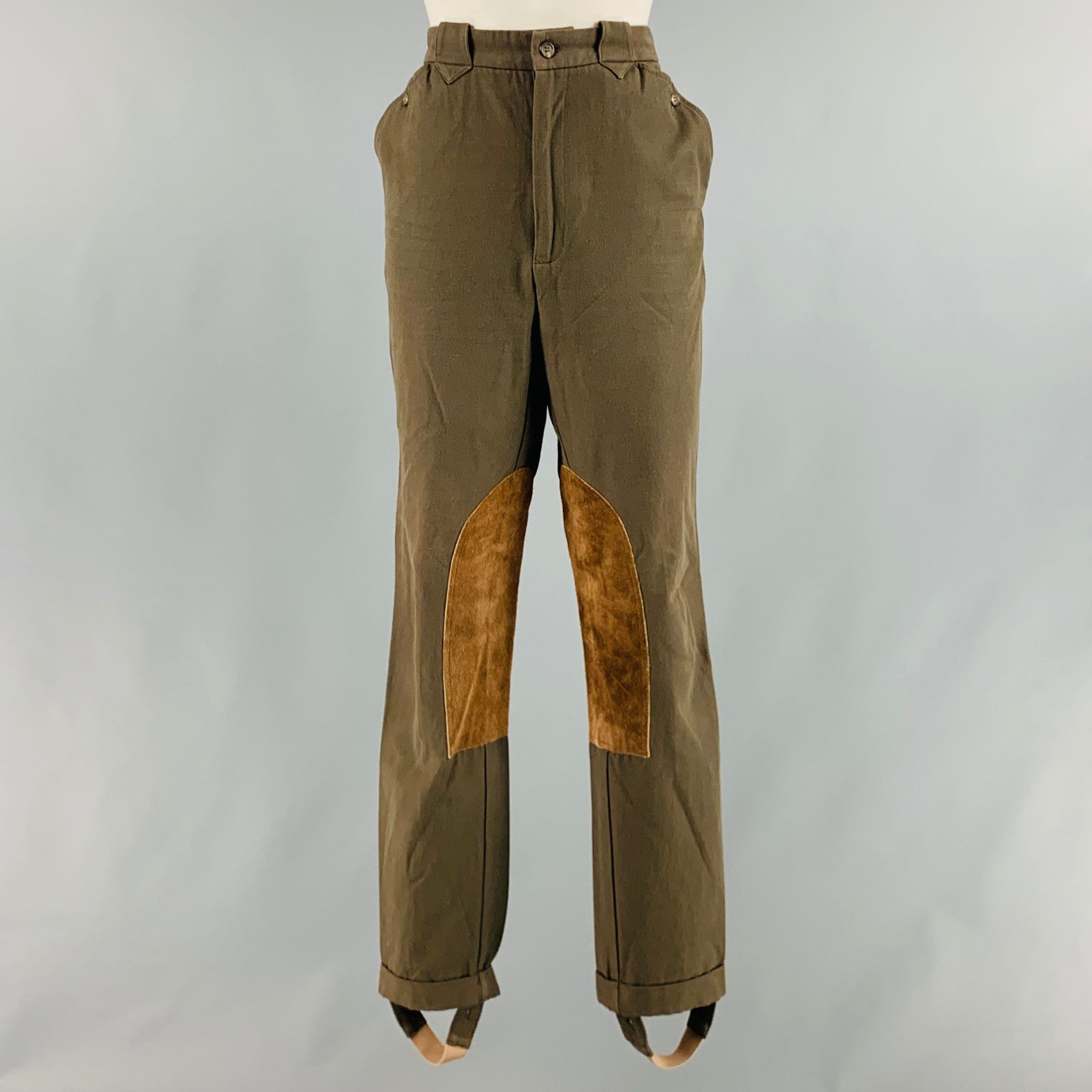 image of Ralph Lauren Green Olive Cotton Patchwork Suede Jodhpurs Casual Pants, Women's (Size 32)