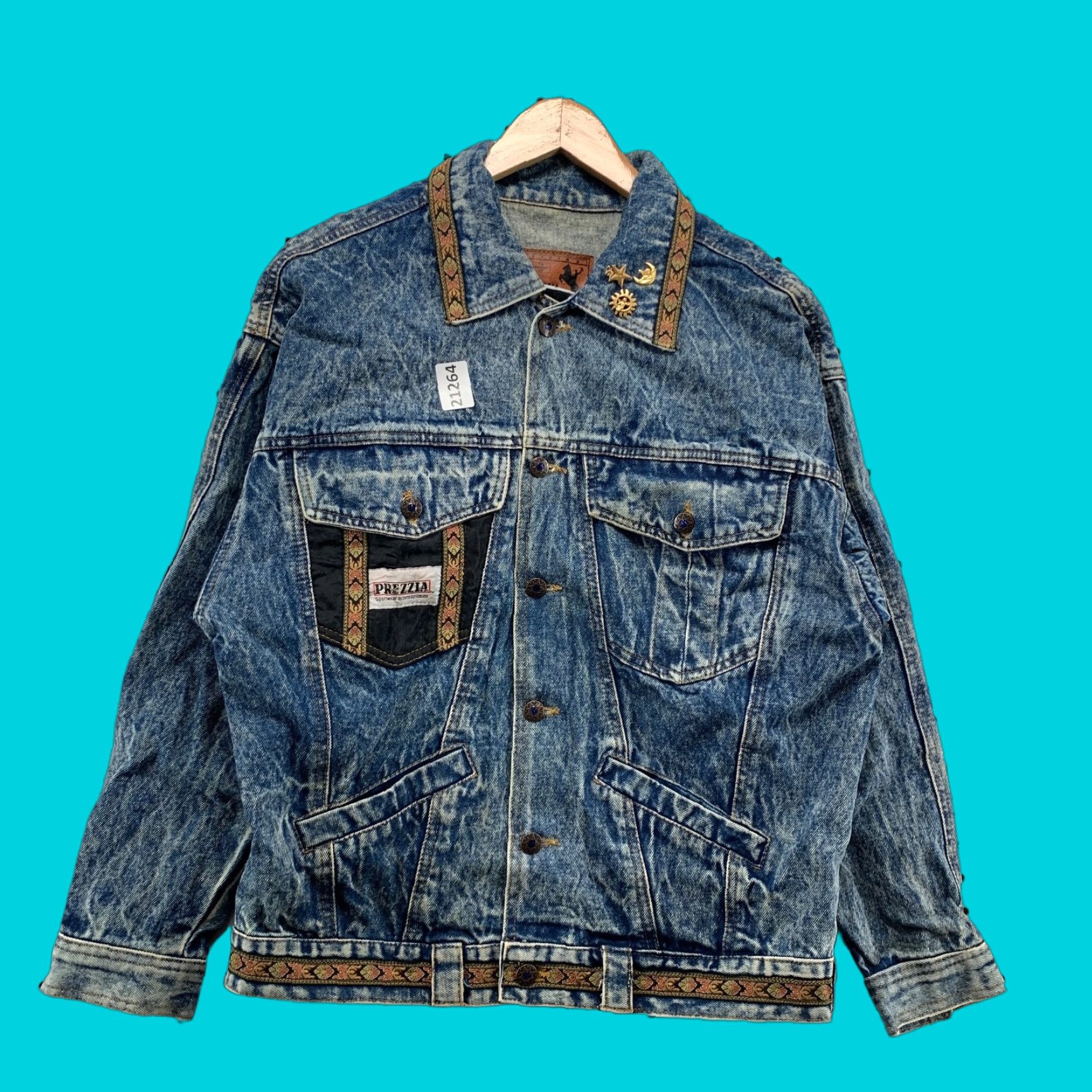 Denime VINTAGE Prezzia Denim Jacket Men Small Blue Cowboy Aztec Western Trucker 21x27 Size US 29 - 1 Thumbnail