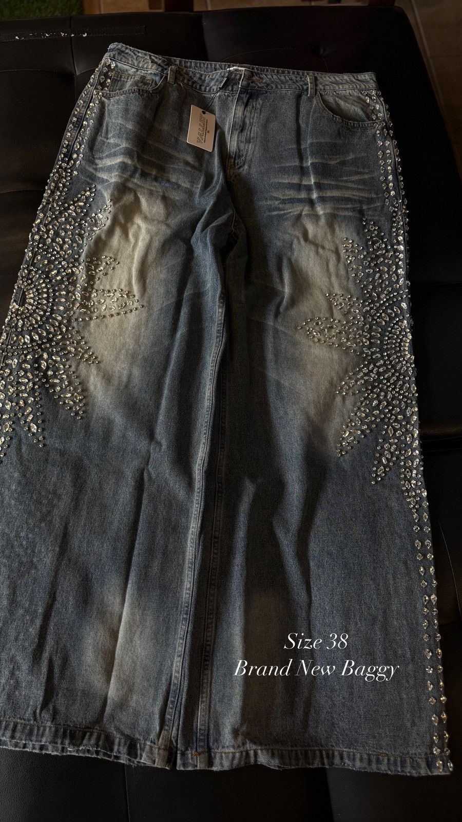Vale Valley Stone Crystal Rhinestone Baggy Blue Jeans Size 38 Size US 38 / EU 54 - 2 Thumbnail