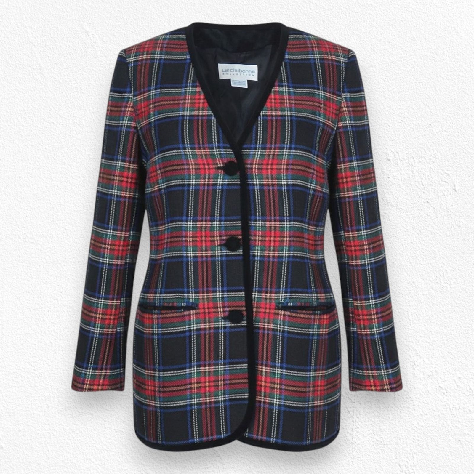 Vintage 90s Tartan Wool Velvet Trim Blazer Size 4 Size S / US 4 / IT 40 - 1 Thumbnail