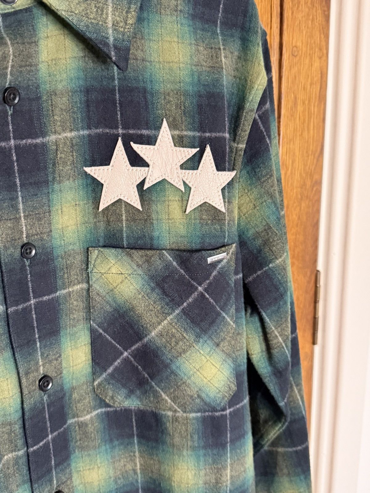 Amiri $990 Amiri leather star patch green flannel check shirt 48 Size US M / EU 48-50 / 2 - 12 Thumbnail