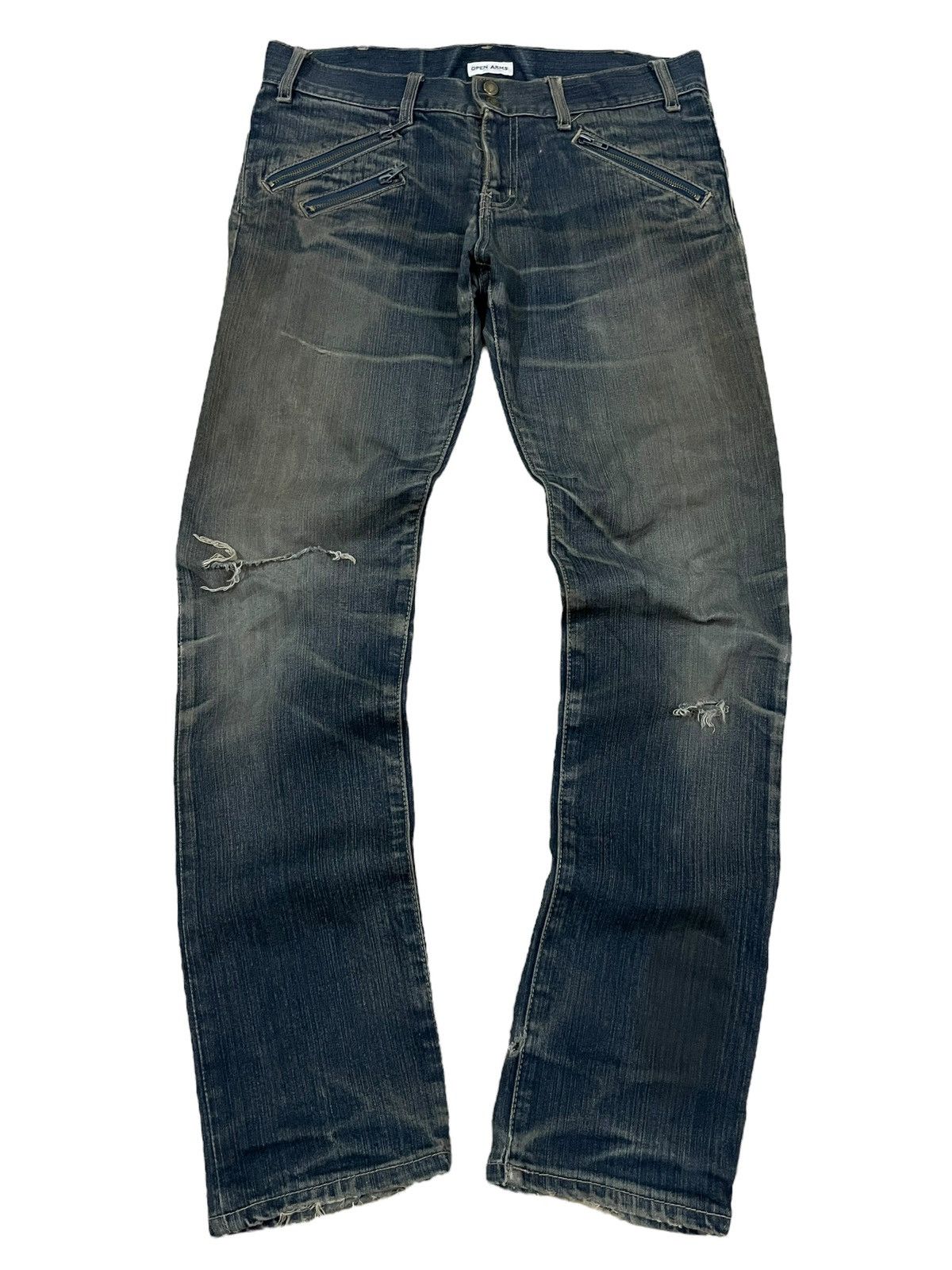 If Six Was Nine Vtg Japanese Multi Zip Bondage Style Mud Wash Ripped Jeans Size US 33 - 1 Thumbnail