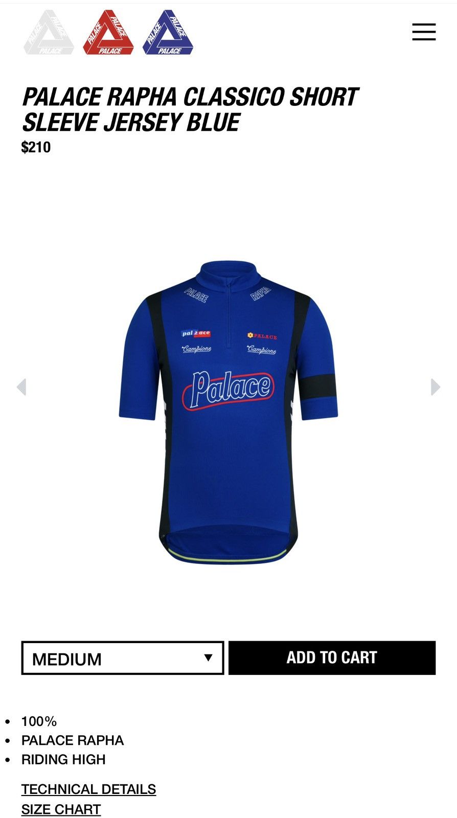 【PALACE ラファ】CLASSICO SHORT SLEEVE JERSEY Palace Rapha Classico Short Sleeve Jersey Blue Men's - FW24 - US