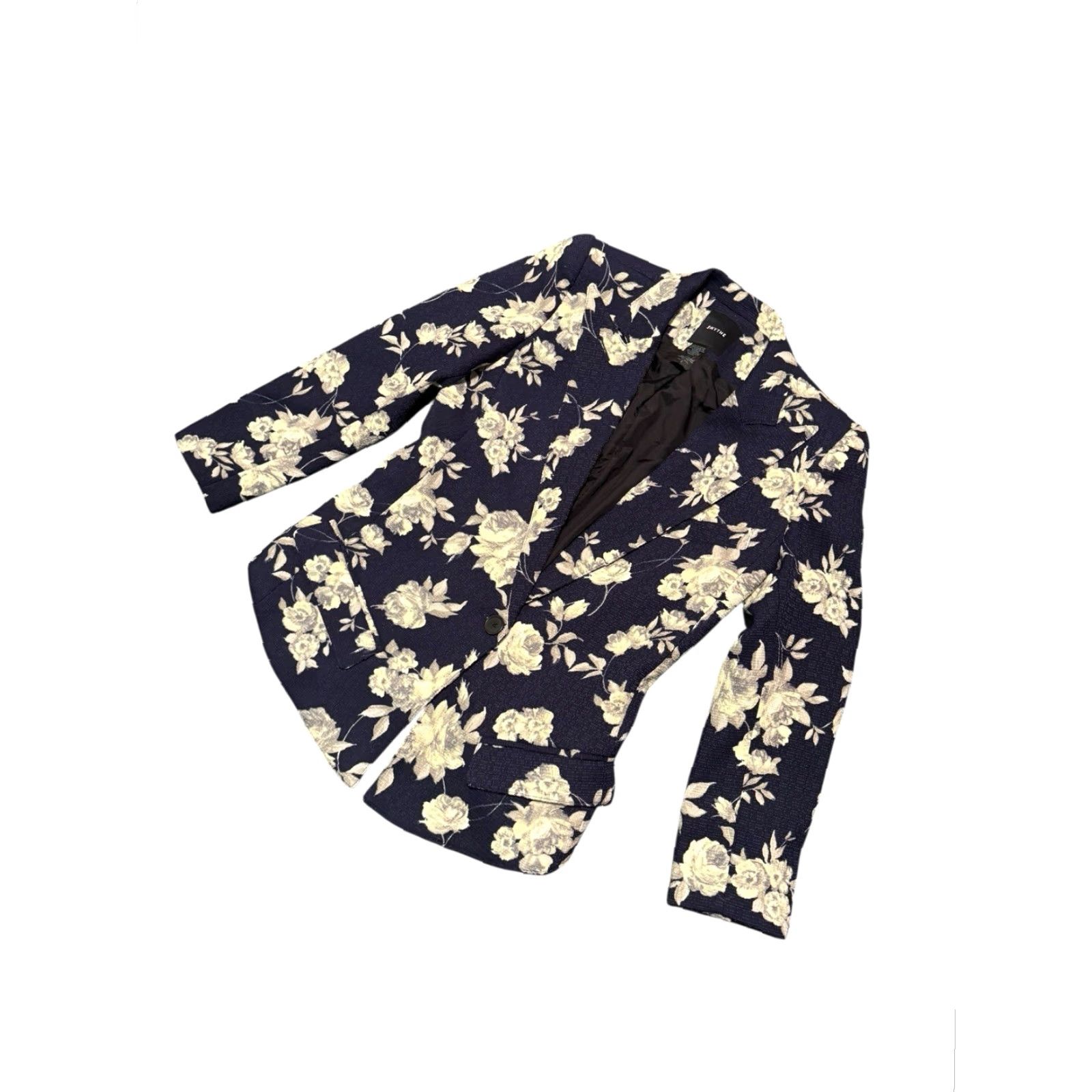 SMYTHE Smythe Blazer Women Floral Navy One-Button Size 4 Blue Tweed Linen Short Coat Jacket Business Casual Fall Spring Winter Canada Size S / US 4 / IT 40 - 4 Thumbnail