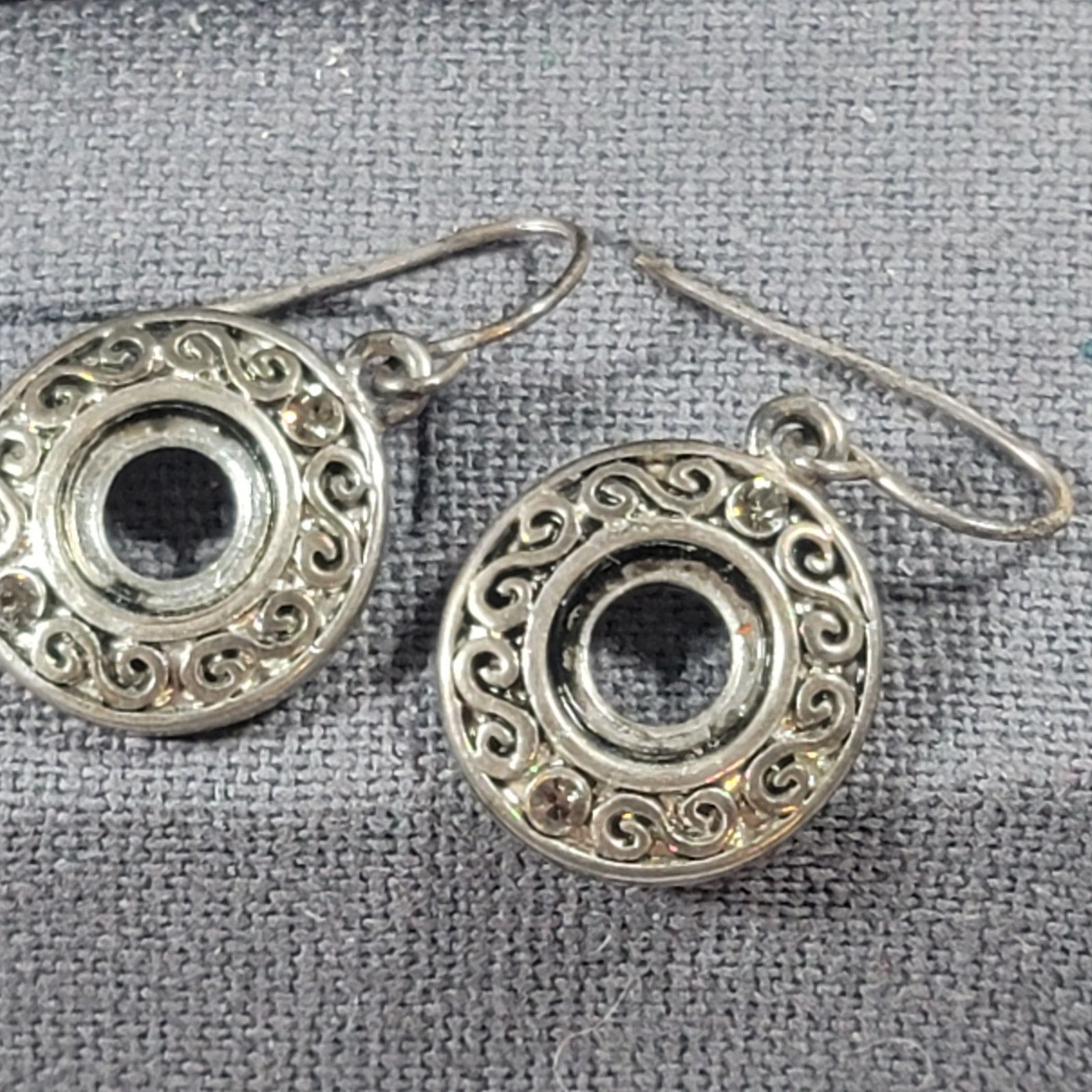 Other Round 1/2" Silver Detailed Work With Stones Dangle Earrings Size ONE SIZE - 1 Thumbnail