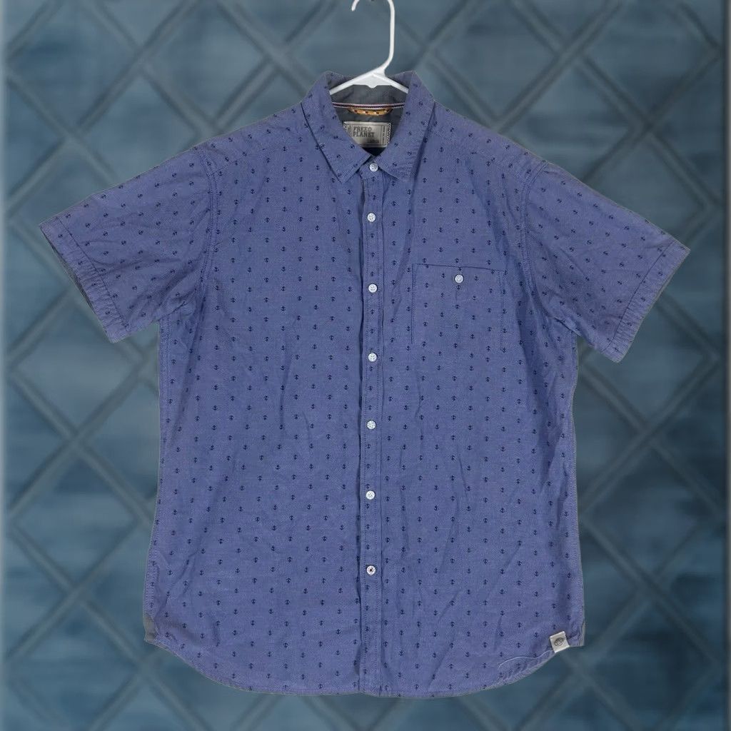 Vintage Free Planet Button-Up Shirt Mens L Blue Casual Boat Anchor All Over Print Size US L / EU 52-54 / 3 - 1 Thumbnail