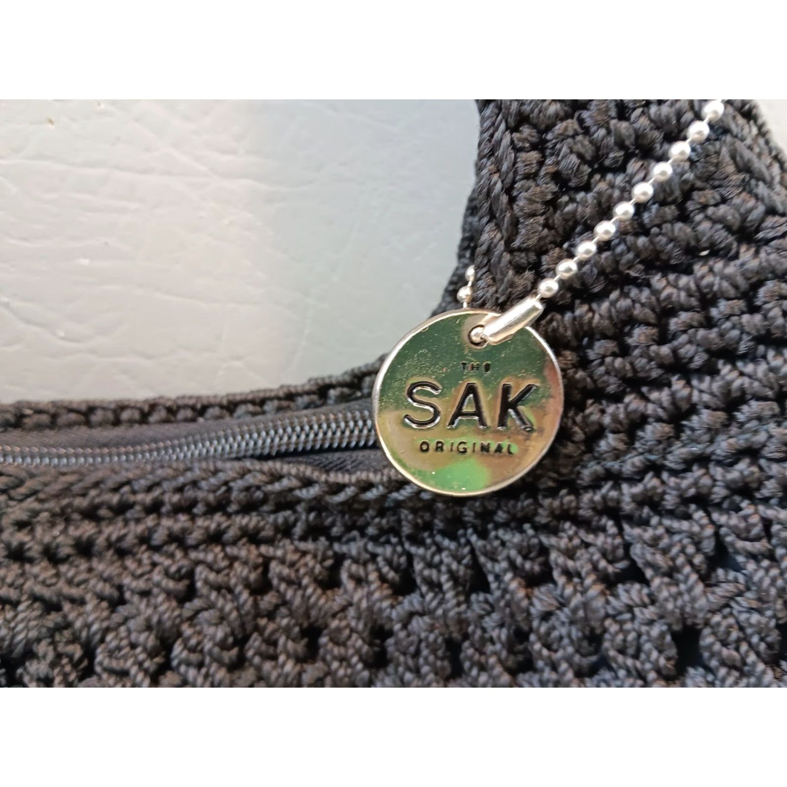 The Sak The Sak Crochet Handbag Black Purse Top Handle Bag Medium 12in x 10in Zip Lined Inner Pockets Double Handles Silver Hardware Womens Size ONE SIZE - 3 Thumbnail