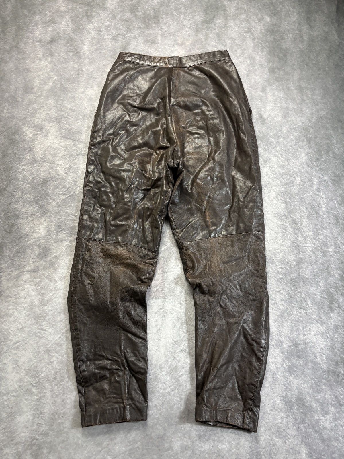Indian Motorcycle × Leather × Vintage 1980s Vintage Leather Pants Triple Pleated Brown Biker Trous Size US 28 / EU 44 - 1 Thumbnail