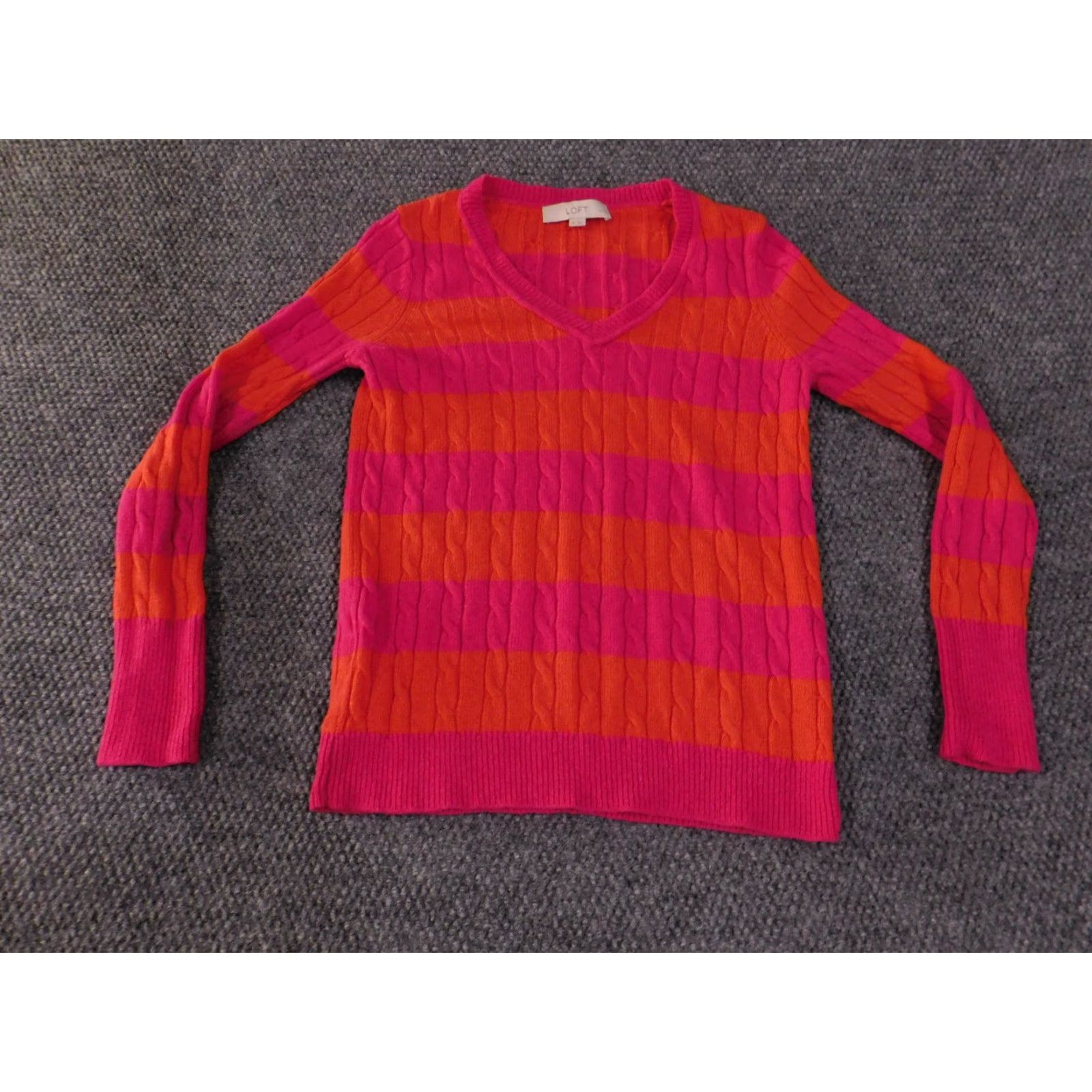 Loft LOFT Sweater Womens Petite Medium Pink Orange Stripe Cable Knit V Neck Pullover Knit Pattern Regular Size M / US 6-8 / IT 42-44 - 3 Thumbnail