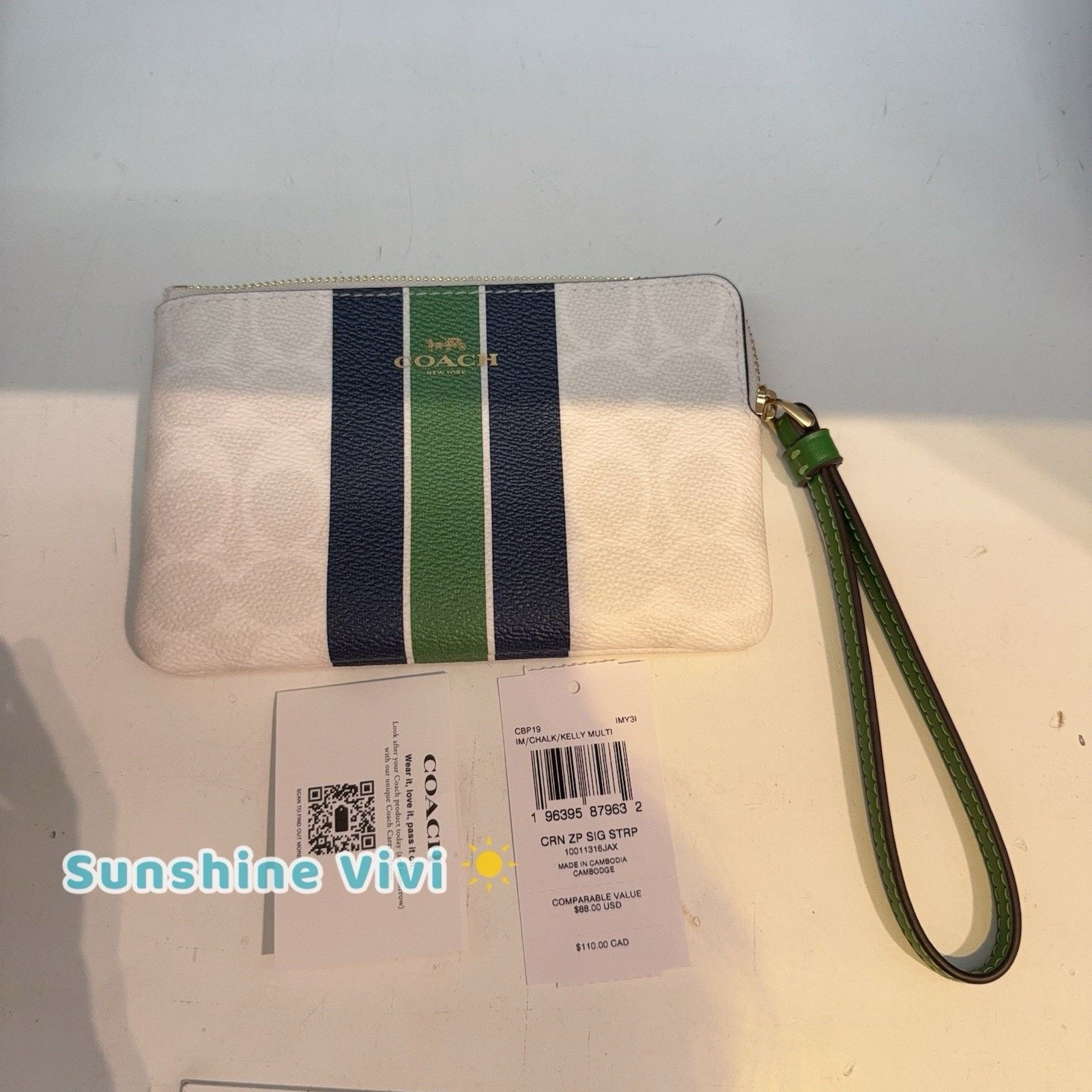 Coach NWT Coach Corner Zip Wristlet Varsity Stripe Kelly CBP19 Size ONE SIZE - 4 Thumbnail