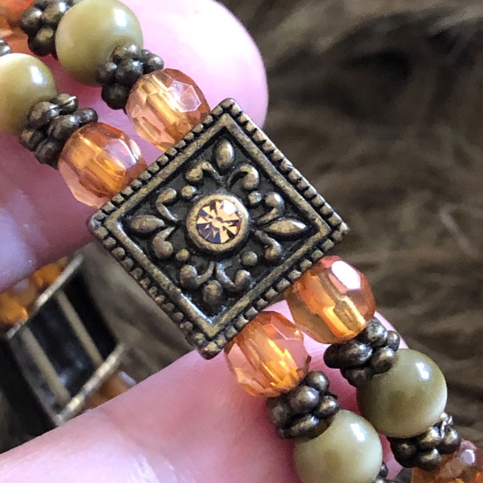 Jewelry Brass tone link amber glass stone stretch bracelet Size ONE SIZE - 6 Thumbnail