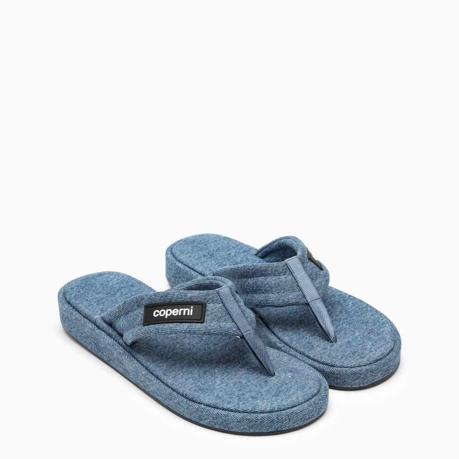image of Coperni O1D2Blof0224 Denim Flip-Flops With Logo In Light Blue Shoes, Women's (Size 9)
