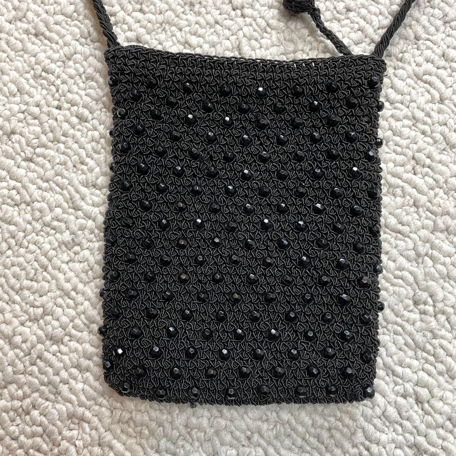 Vintage Unbranded Small Pouch Bag Shoulder Strap Black Zip Pocket Satin Knit Elastolefin Rhinestones Bag Size ONE SIZE - 2 Thumbnail