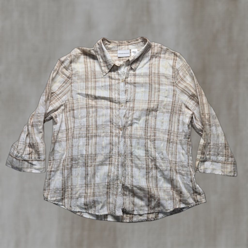 Vintage Alfred Dunner Button Up Shirt Women's 20W Tan Brown Checkard Check 3/4 Sleeve Size 3XL / US 20-22 - 1 Thumbnail