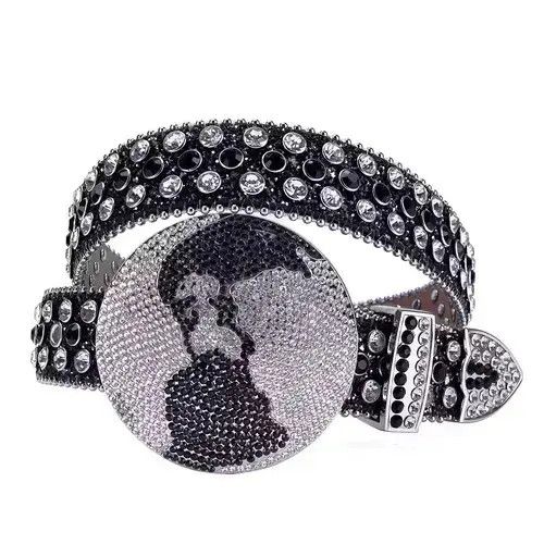 Japanese Brand y2k black white studded rhinestone leather belt Size 34 - 1 Thumbnail