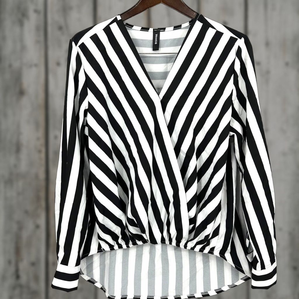 Vintage Venti 6 Blouse Womens Large V Neck Stripe Black - Casual, Business, Party/Cocktail - Long Sleeve - Pullover - Classic, All Seasons - Womens - Size L Size L / US 10 / IT 46 - 1 Thumbnail