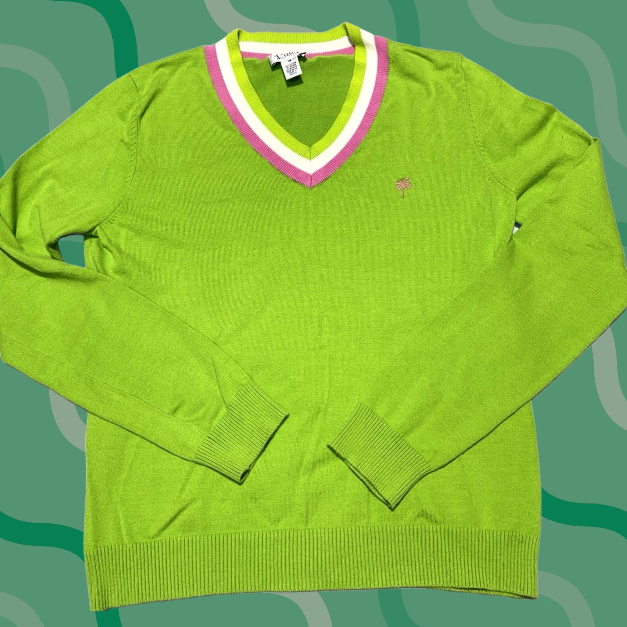 Lilly Pulitzer VINTAGE Lilly Pulitzer Sweater Womens M Green Pink V-Neck Logo Palm Beach Beach - Mens? Size M / US 6-8 / IT 42-44 - 1 Thumbnail