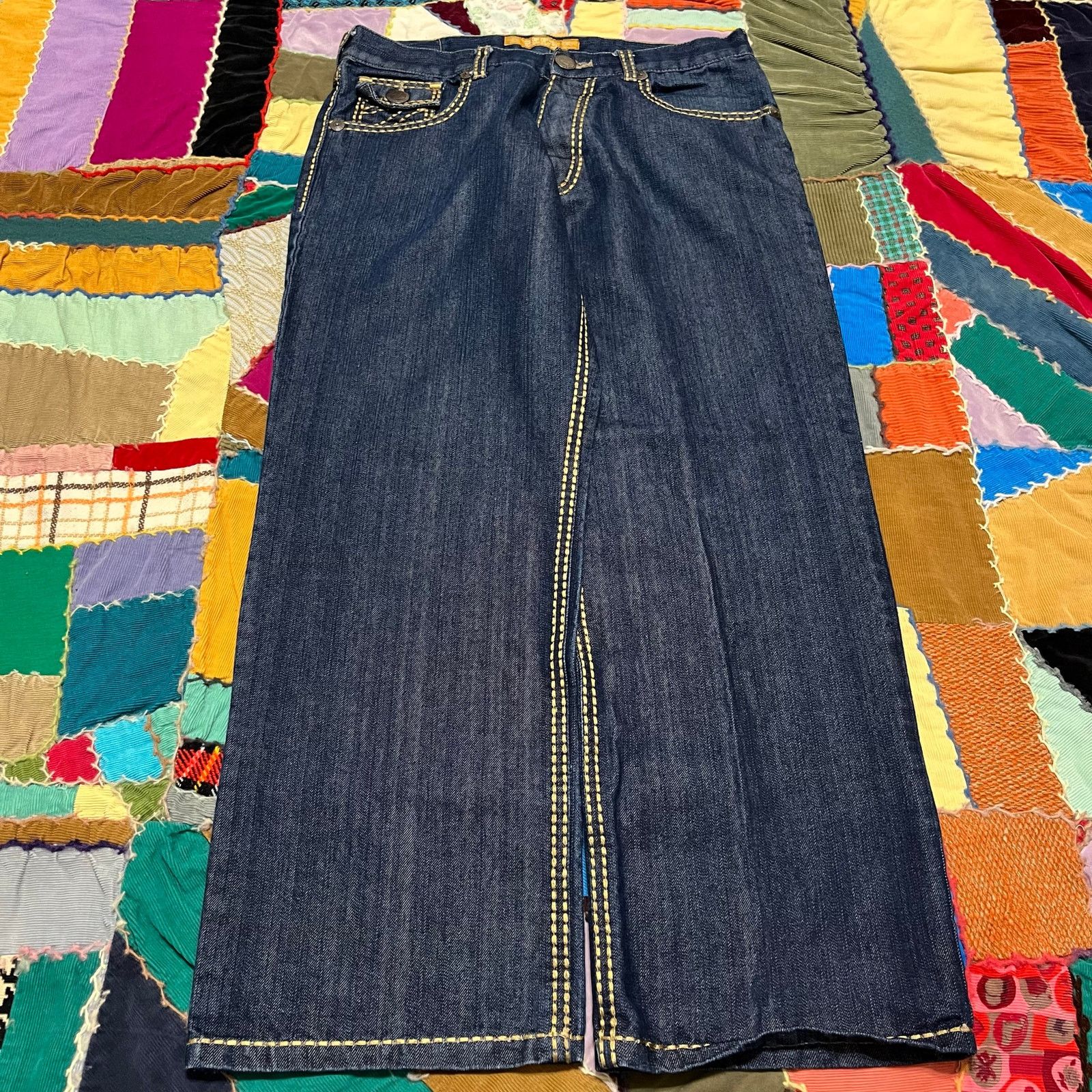 Other Zeep Y2K Baggy Skater Gold Stitched Loose Fit Jeans 32Wx30L Size US 32 / EU 48 - 2 Thumbnail