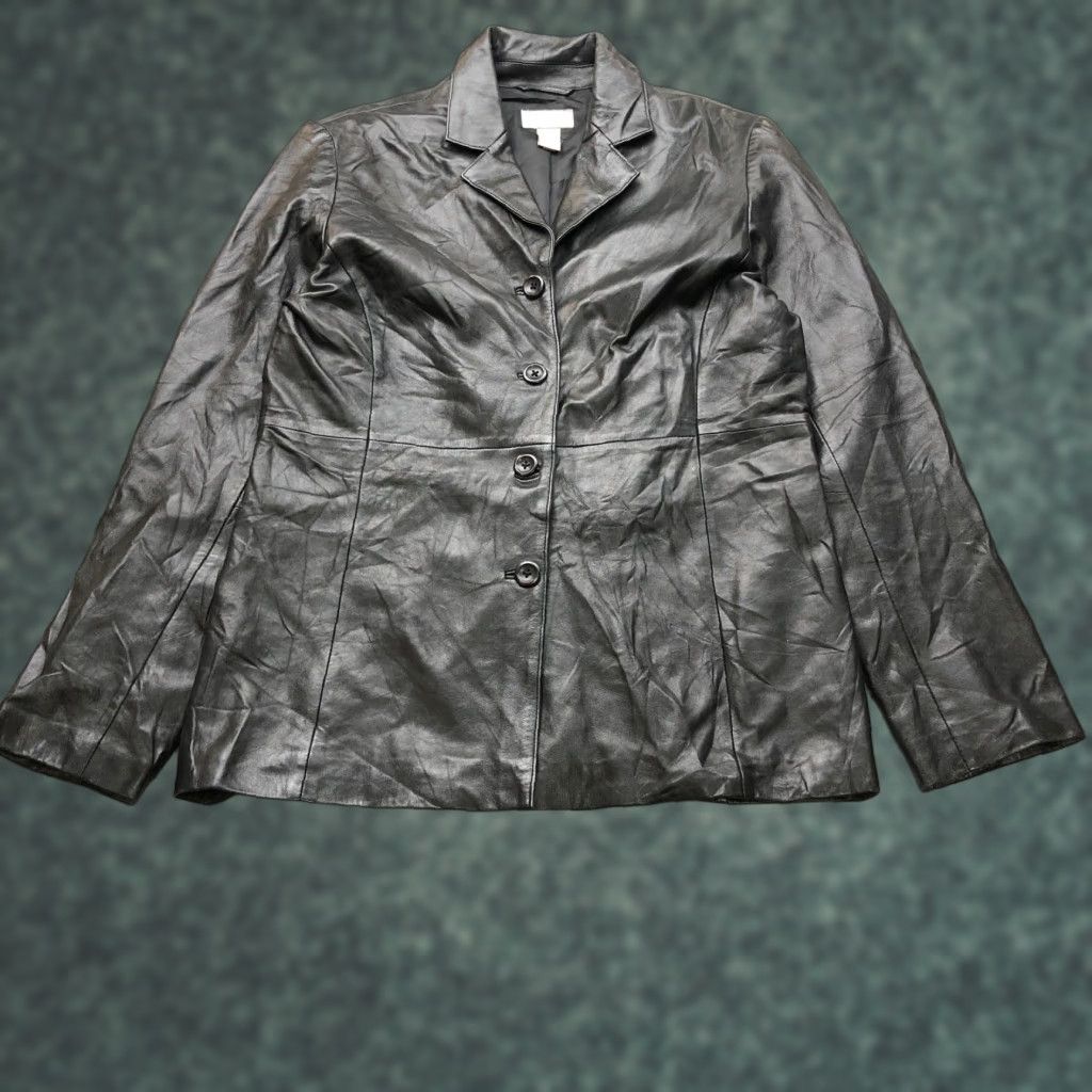 Vintage Old Navy Leather Jacket Women M Black Casual 90s Logo Pockets