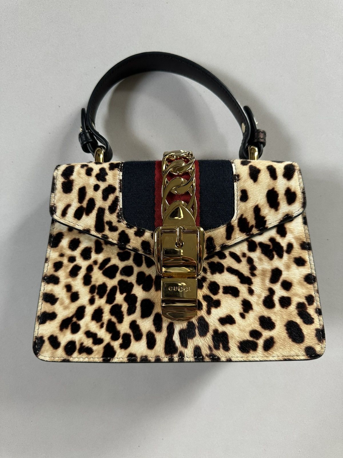 Gucci Sylvie Calf Hair Leopard Print Web Small Shoulder Bag