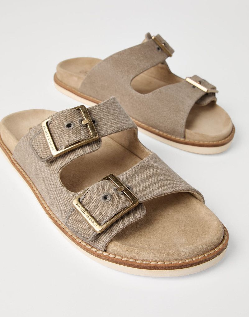 Brunello Cucinelli o1la1rc1a0326 Délavé Canvas Suede Slides in Beige Size US 10 / EU 43 - 3 Thumbnail