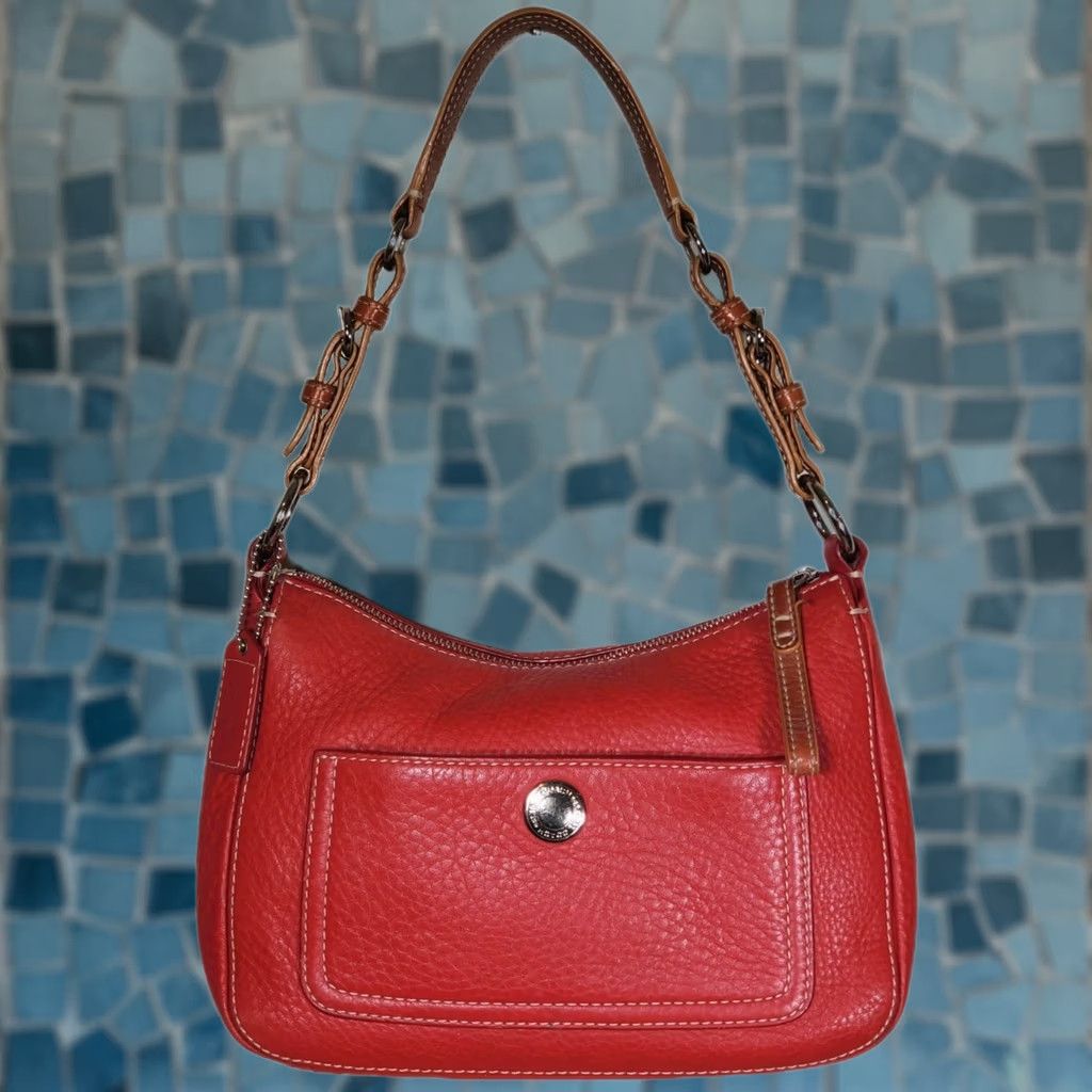 Coach VINTAGE COACH Chelsea Hobo Shoulder Bag 8E99 Red Pebbled Leather Caramel Brown Strap Chelsea Hobo Shoulder Bag Women Medium Red 2005 Y2K Size ONE SIZE - 1 Thumbnail