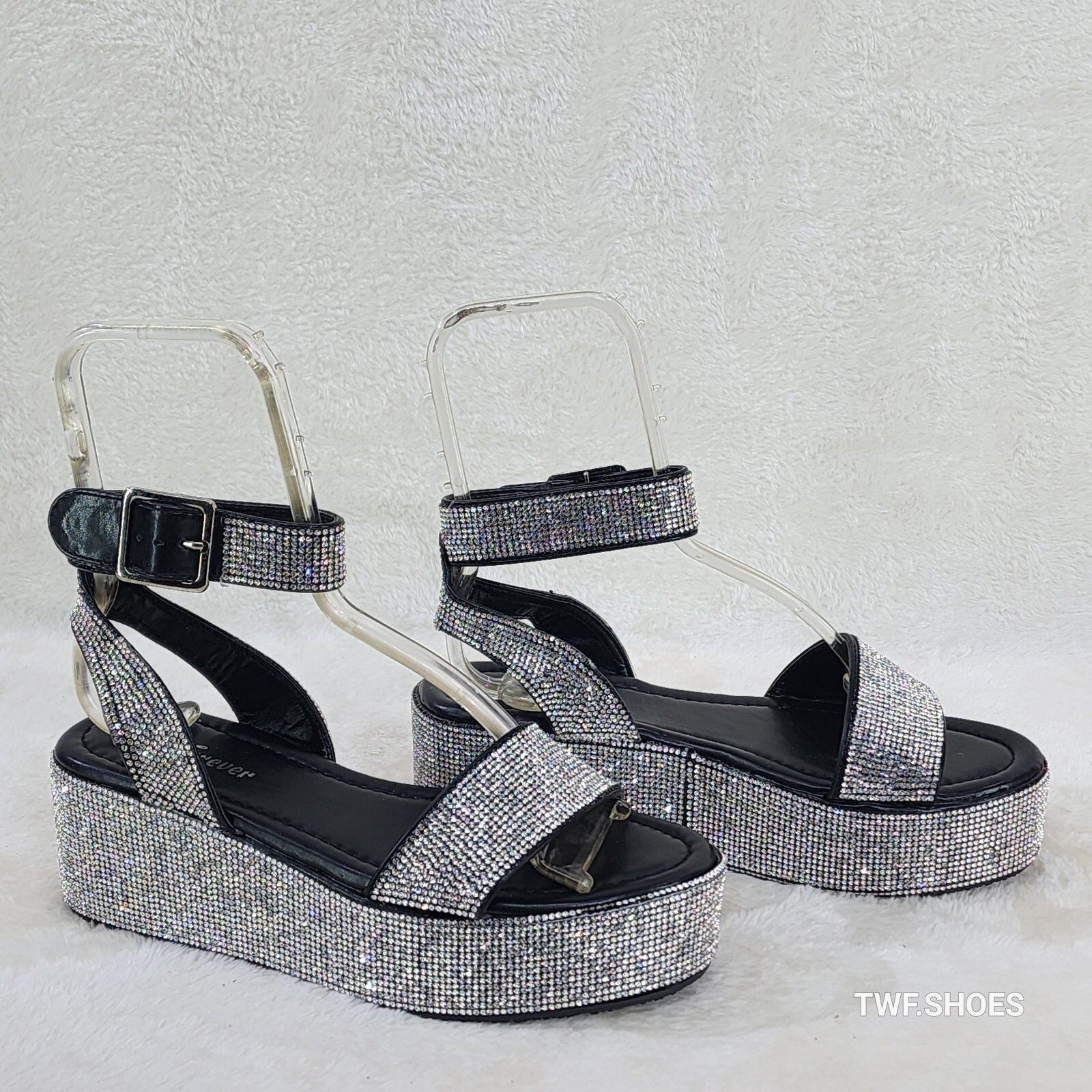 Other Flashy Black Ankle Strap Sparkling Rhinestone Wedge 2" Platf Size US 7 / IT 37 - 2 Thumbnail