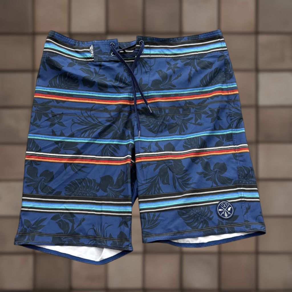 Vintage Salt Life Board Shorts Mens 32 Blue Stripe Tropical Swim Trunks SLX-QD Stretch Beach Surf Size US 32 / EU 48 - 1 Thumbnail