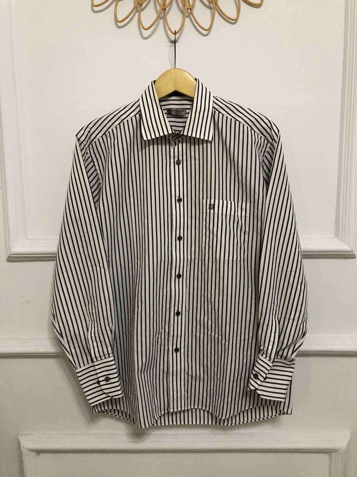 image of Givenchy x Vintage Embroidered Logo “4G” Striped Shirt in White, Men's (Size Large)